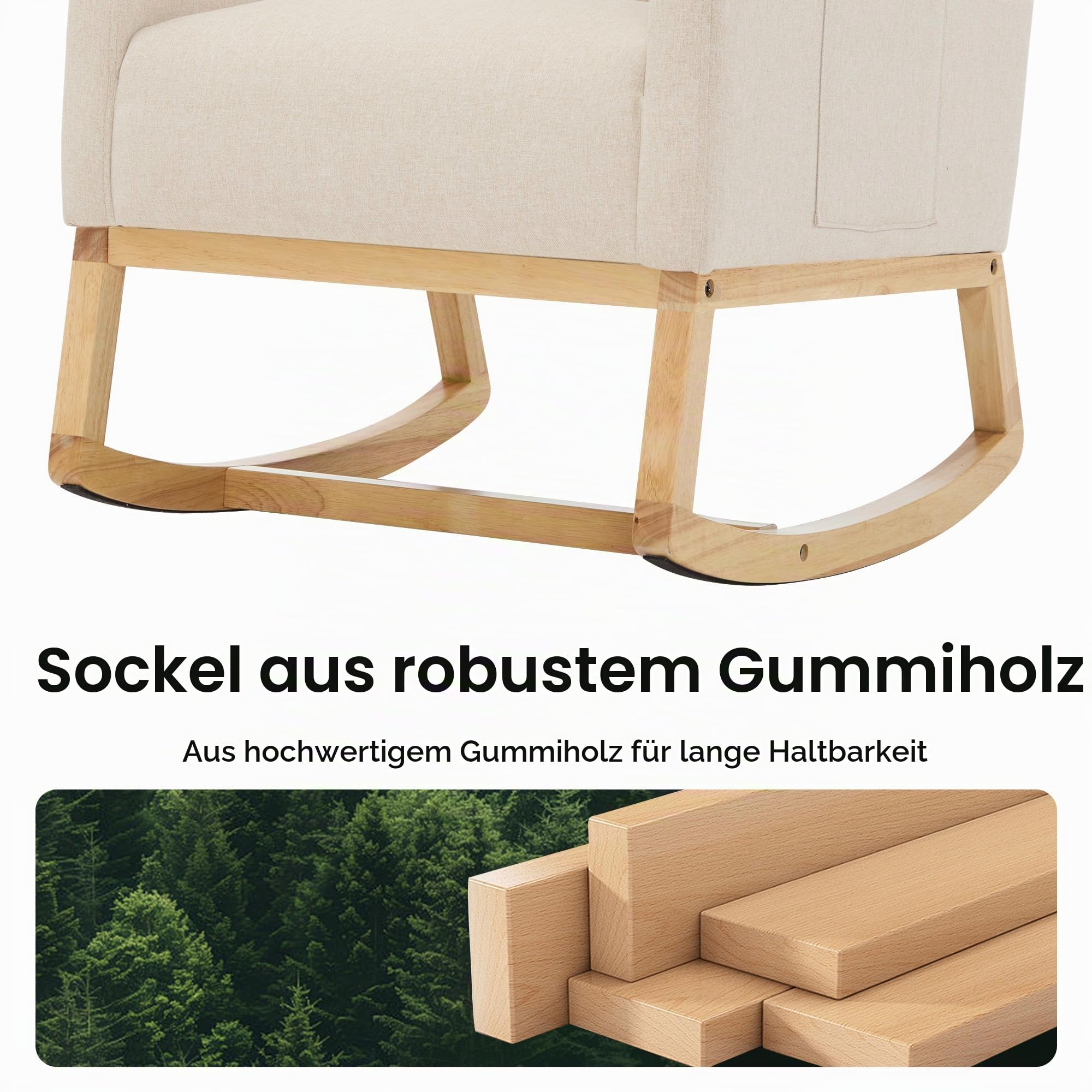 Schaukelstuhl Stillsessel Schaukelsessel, Gepolsterter Stillstuhl mit Holzbeinen & Seitentaschen, Hochlehner Stillen Sessel für Wohnzimmer, Schlafzimmer, Babyzimmer