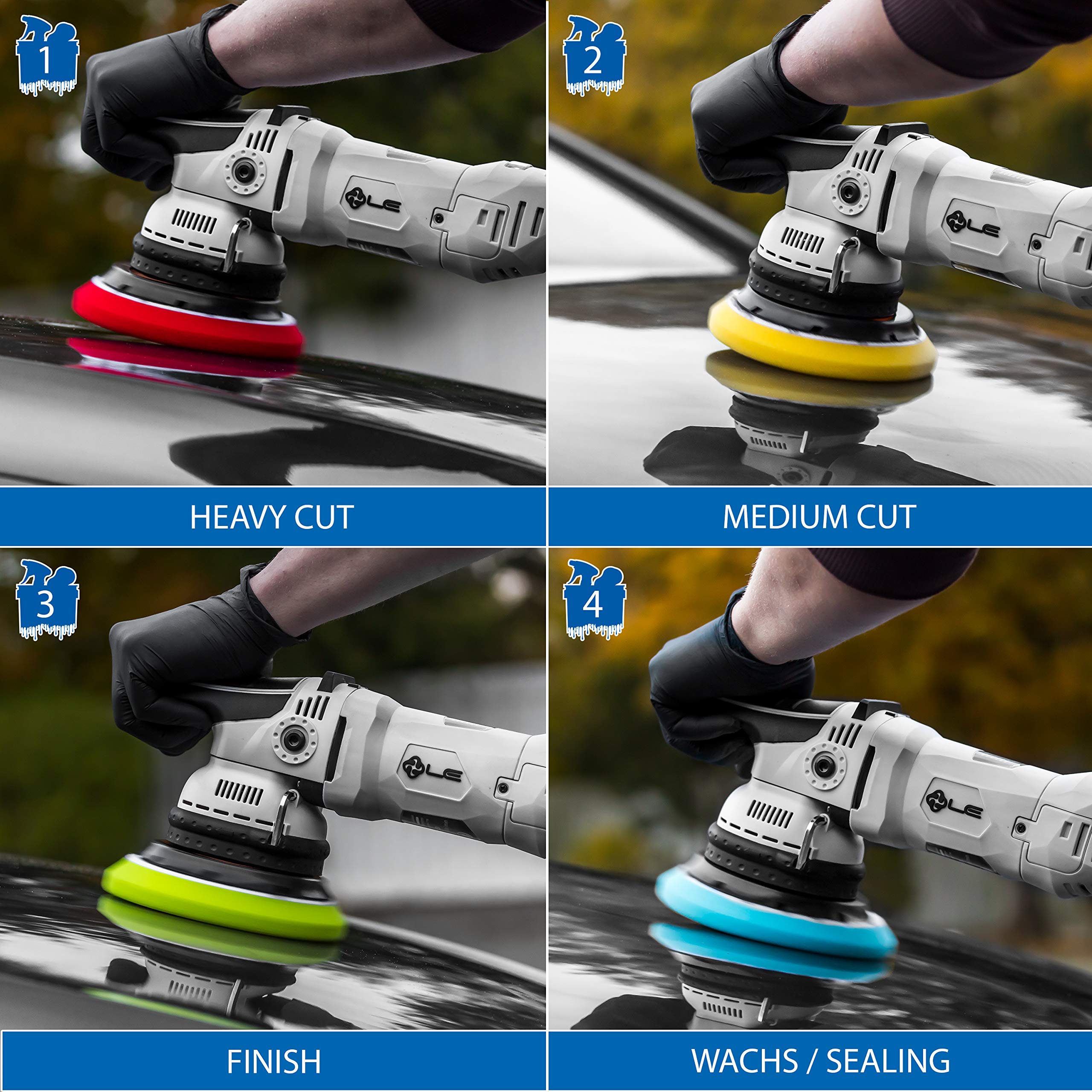 Detailmate Juego de abrillantador de coche Menzerna, 250 ml: Super Heavy Cut Compund HC1000 + Medium Cut 2500 + Final Finish FF3000 + cera líquida de carnaúba + 4 almohadillas Menzerna a juego + paño
