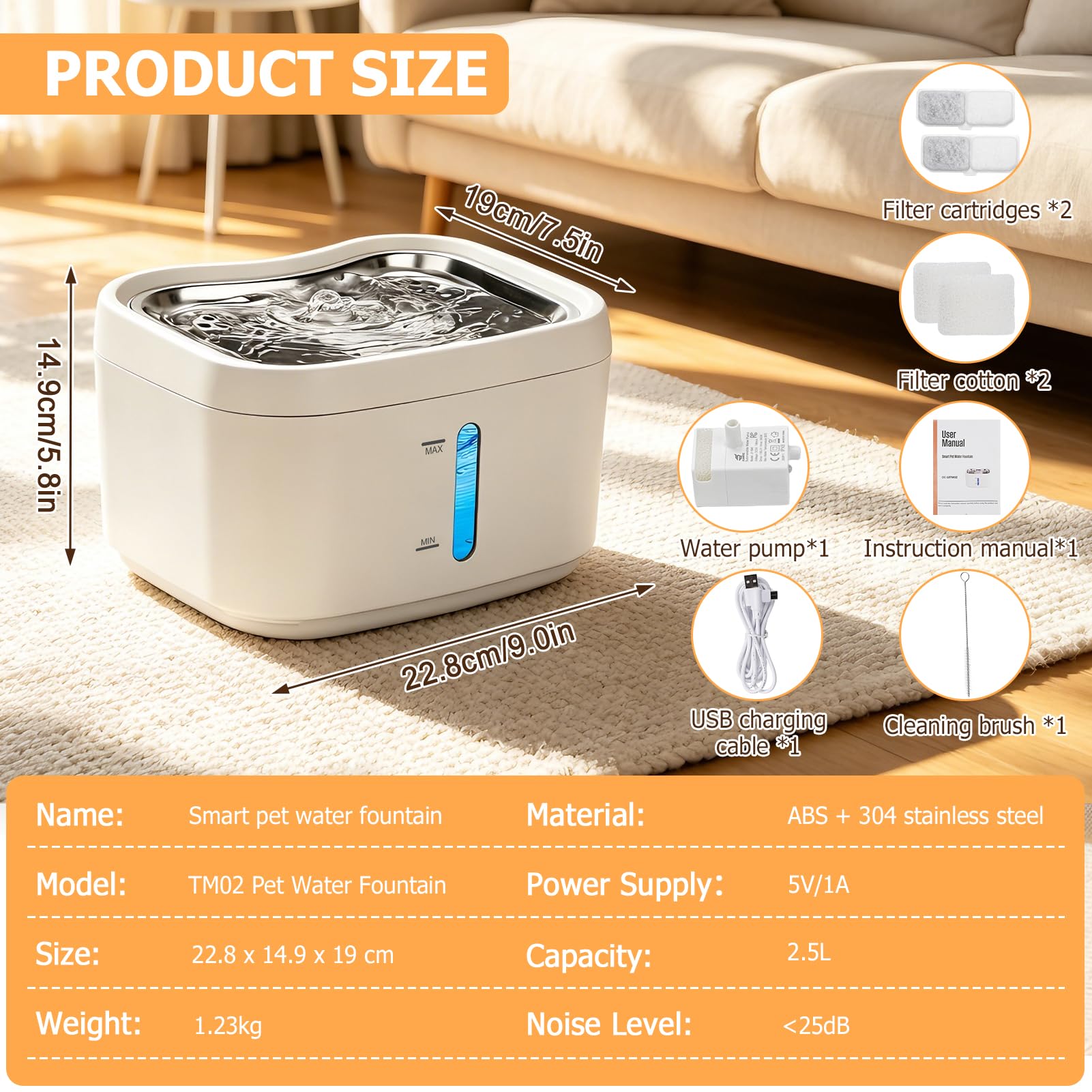 Fuente para gatos inalámbrica, 2,5 L, con detector de movimiento, funciona con pilas, 3000 mAh, fuente de agua con 2 filtros de carbón + 2 esponjas