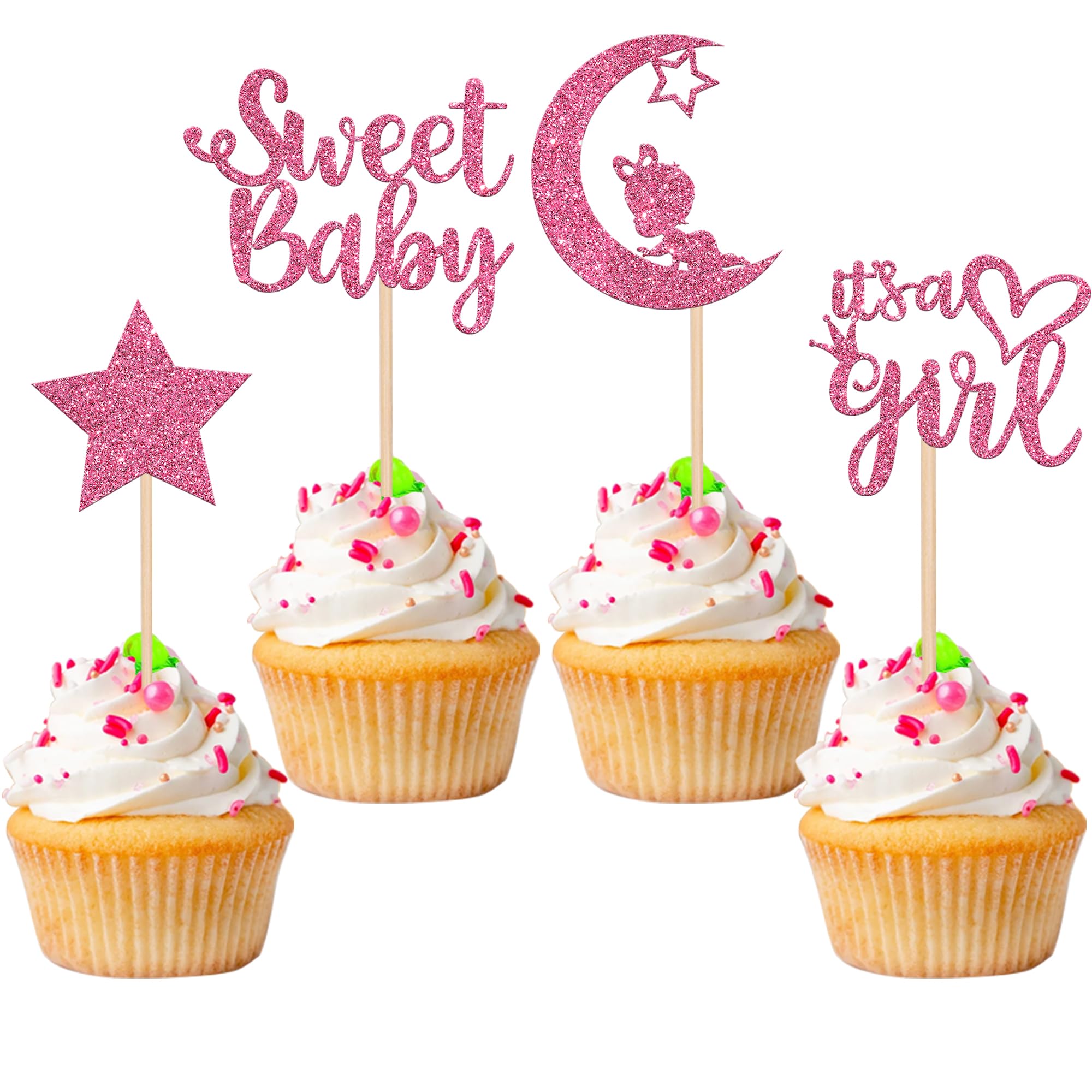 36 PCS Sweet Baby Girl Cupcake Toppers with Moon Glitter Star It's a Girl Baby Shower Cupcake Picks Gender Reveal Kids Girls Birthday Party Cake