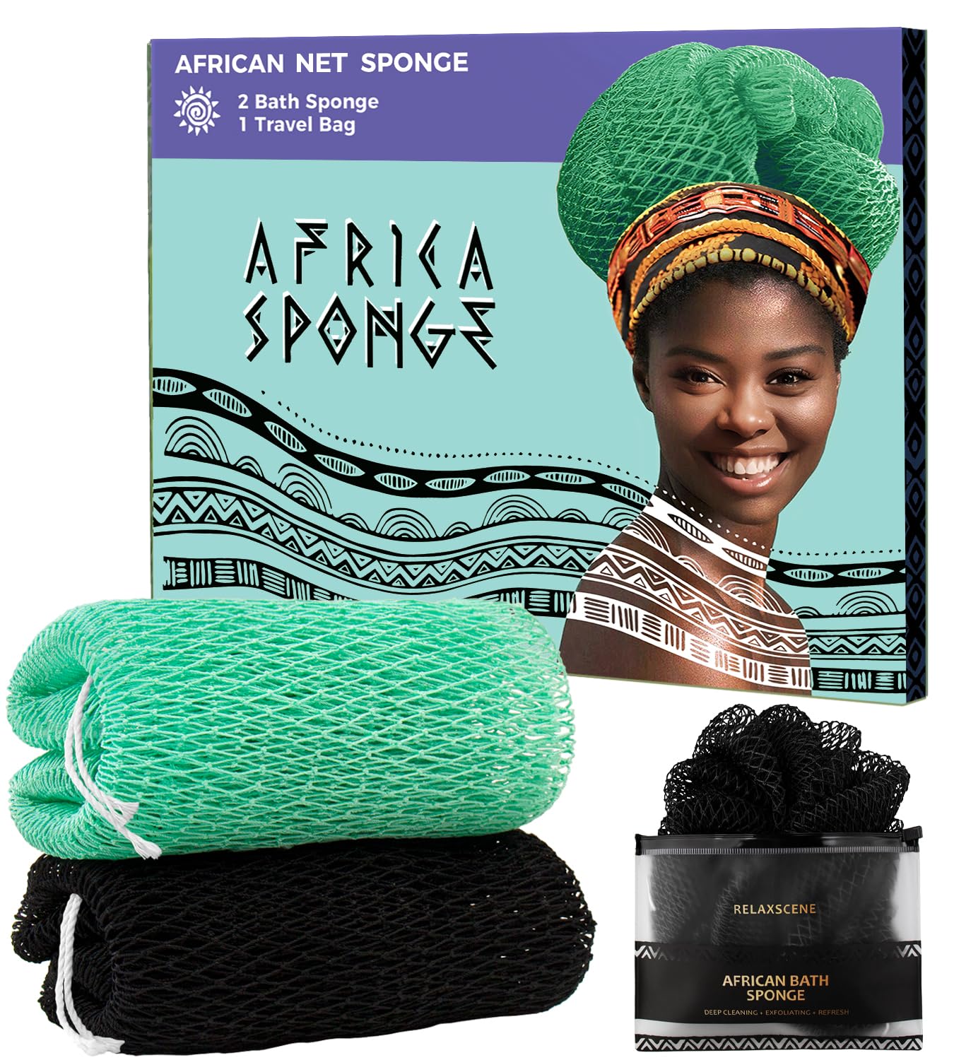 African Exfoliating Net Sponge Black & Seawave - 2 Pack Real African Net Authentic - Body Wash Scrubber for Shower Bath - Africa Bath Sponges for Men Back Scrubber Shower Accessories