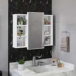 Espelheira Para Banheiro Com Nichos Armário Aéreo Com Espelho Organizador Madri (Branco)