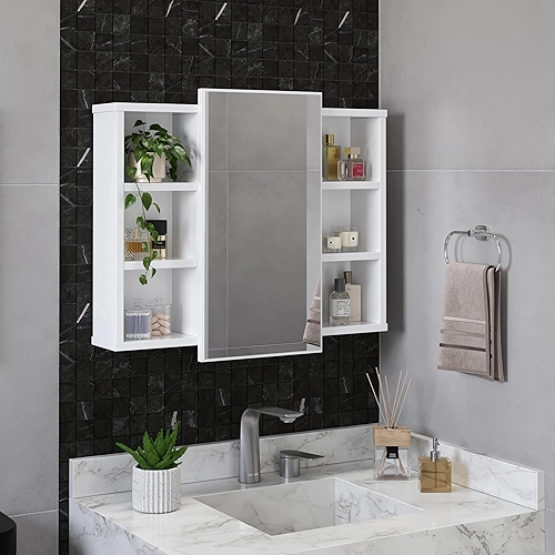 Espelheira Para Banheiro Com Nichos Armário Aéreo Com Espelho Organizador Madri (Branco)