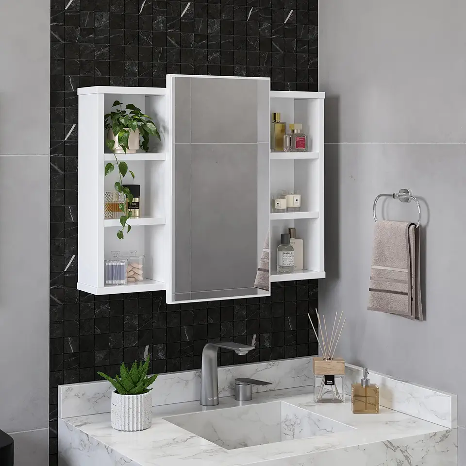 Espelheira Para Banheiro Com Nichos Armário Aéreo Com Espelho Organizador Madri (Branco)