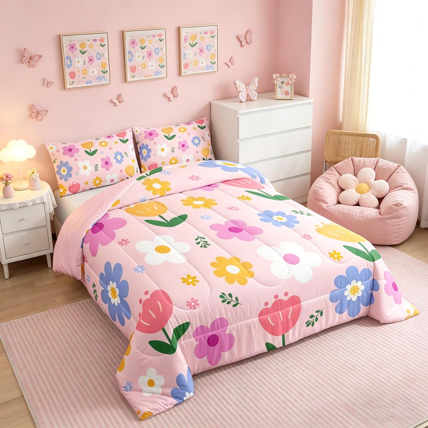Feelyou Cute Floral Kids Comforter Set Twin Size Cartoon Flower Bedding Set Spring Garden Duvet Quilt for Kids Boys Girls Bedroom Kawaii Pink Decor Microfiber Ultra Soft Breathable