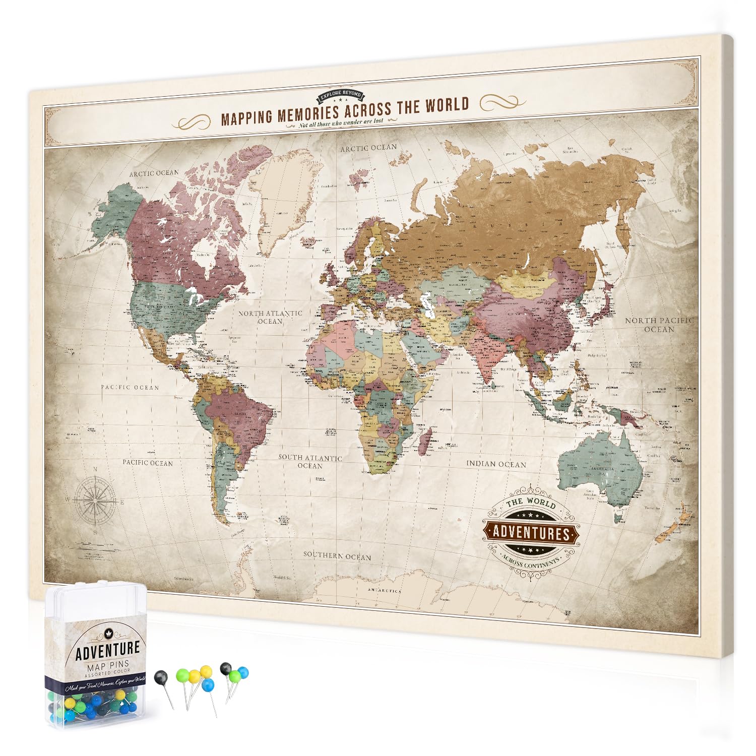 DECORARTS World Map Pin Board,Soft Pastel World Travel Map with Pins,40x30