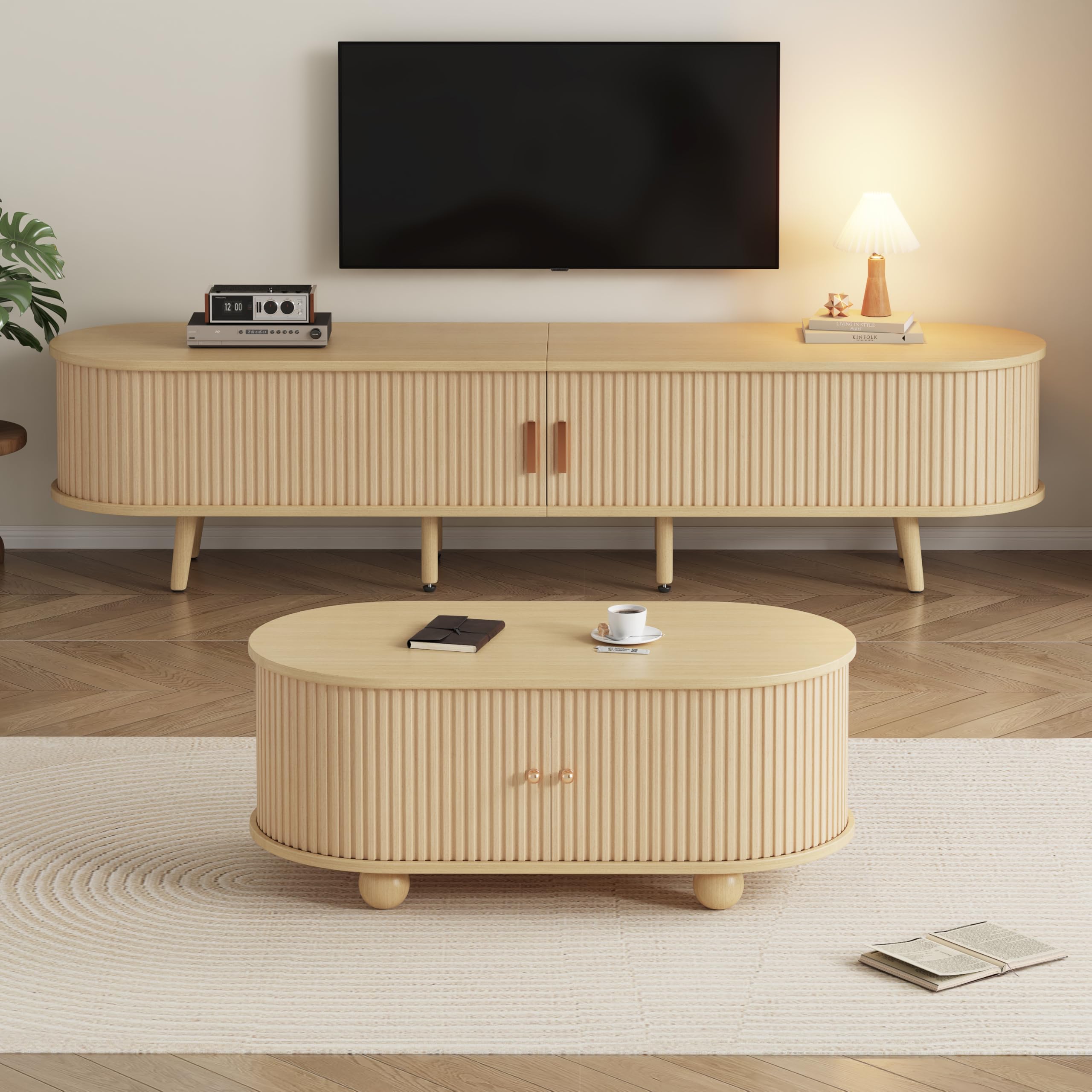Ele MDF TV nd z owalnym stolikiem kawowym Sto Combo nowoczesny drewniany design do salonu - elegancki i funkcjonalny zestaw futrzany
