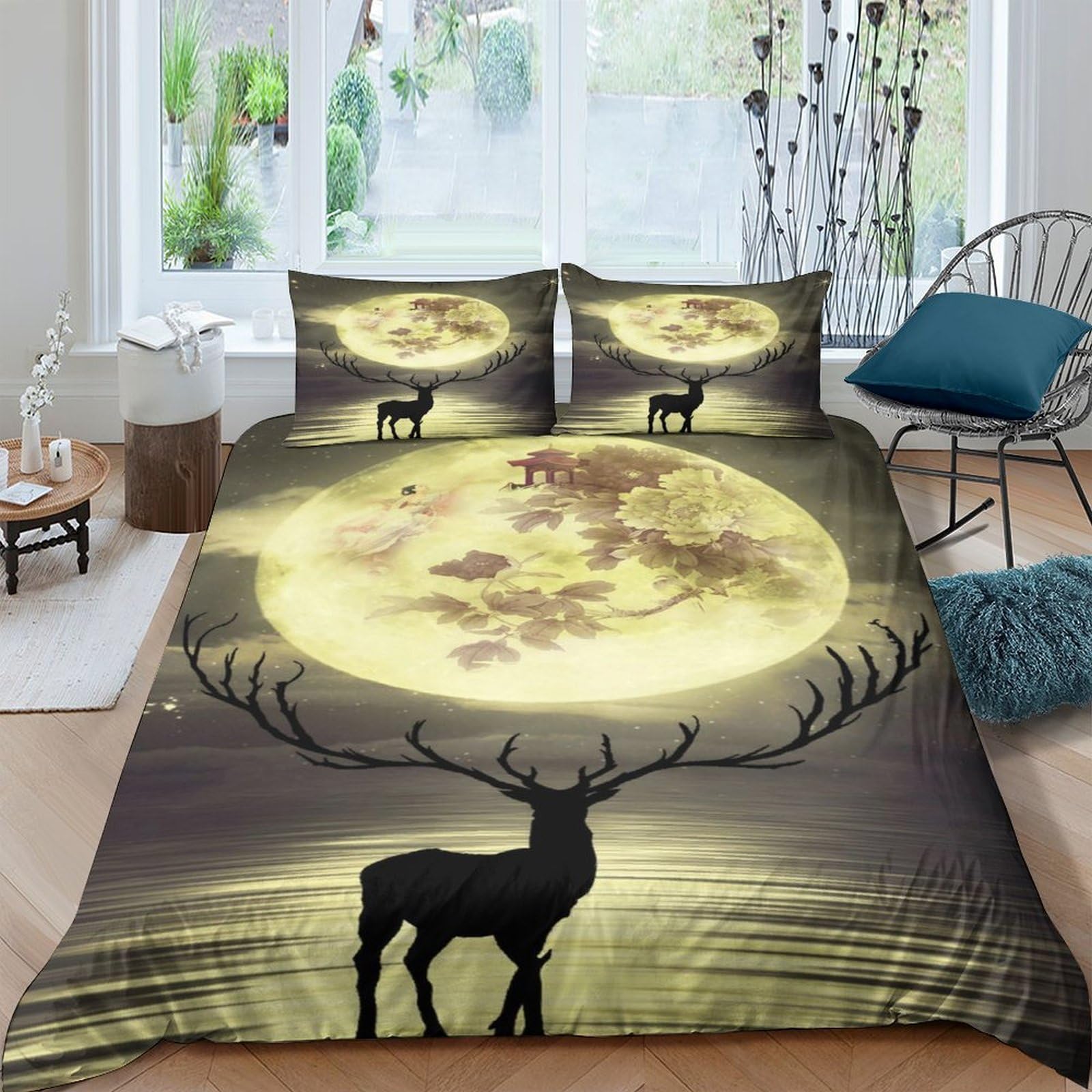 Ctjqhvkz Style-7 3D Printed Deer Moonlight Fitted Sheet Microfiber Soft Anti-Slip Forest Night Mattress Cover For Bedroom Guest Room Single（135X200cm）