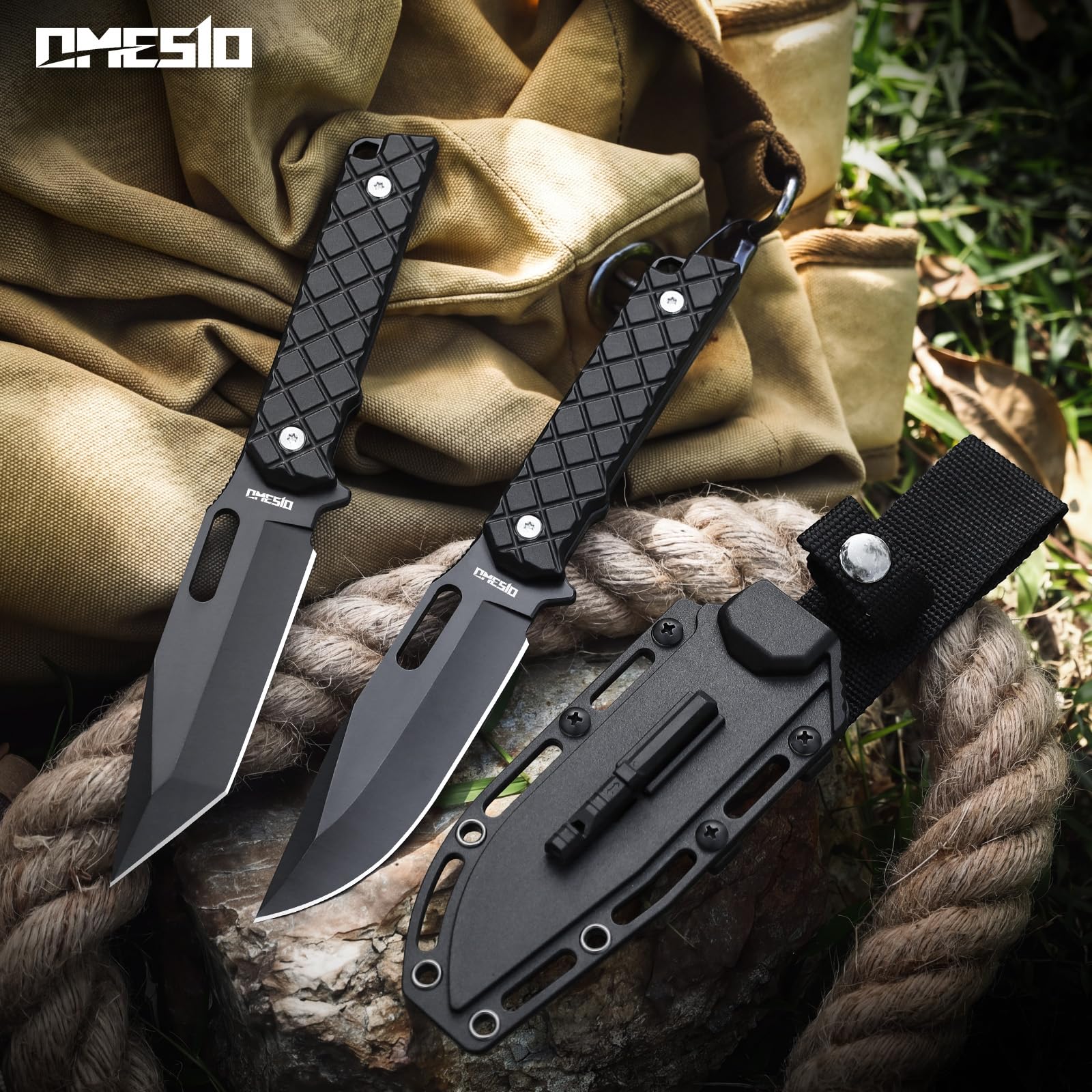 Omesio L-PJ21 Cuchillo de Supervivencia Full Tang con Funda Kydex, Acero 5CR13MOV, Pedernal y Paracord, Cuchillo Bushcraft Fijo para Camping, Senderismo, Caza y Outdoor