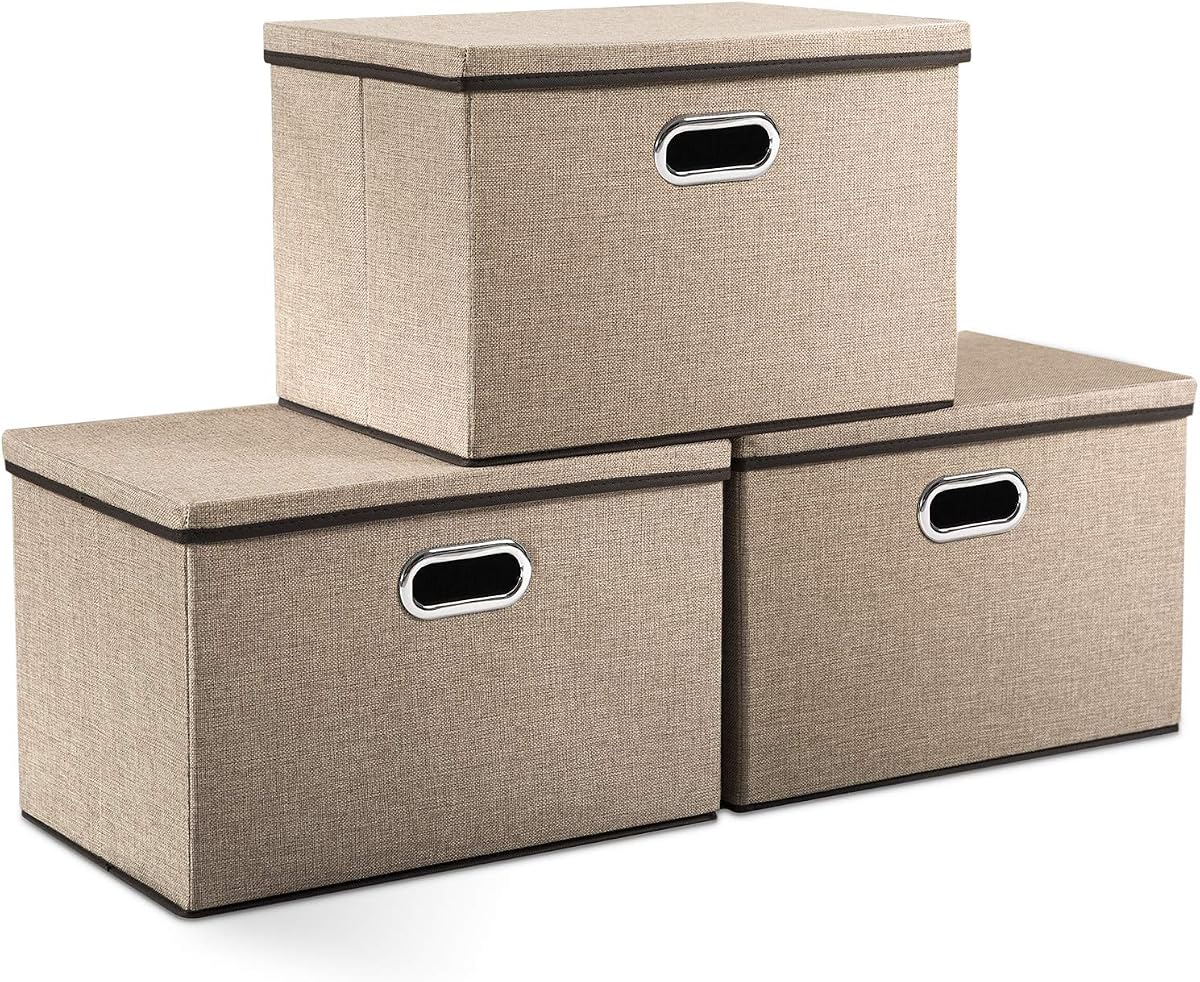 Large Collapsible Storage Bins with Lids [3-Pack] Jute Fabric Foldable Storage Boxes Organizer Containers Baskets Cube with Cover for Home Bedroom Closet Office Nursery (17.7x11.8x11.8)