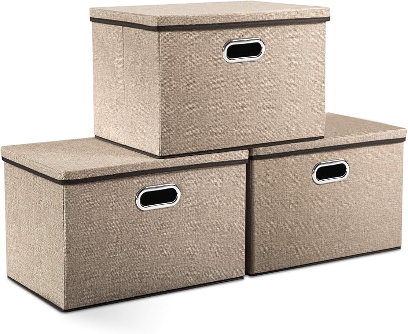 Large Collapsible Storage Bins with Lids [3-Pack] Jute Fabric Foldable Storage Boxes Organizer Containers Baskets Cube with Cover for Home Bedroom Closet Office Nursery (17.7x11.8x11.8)