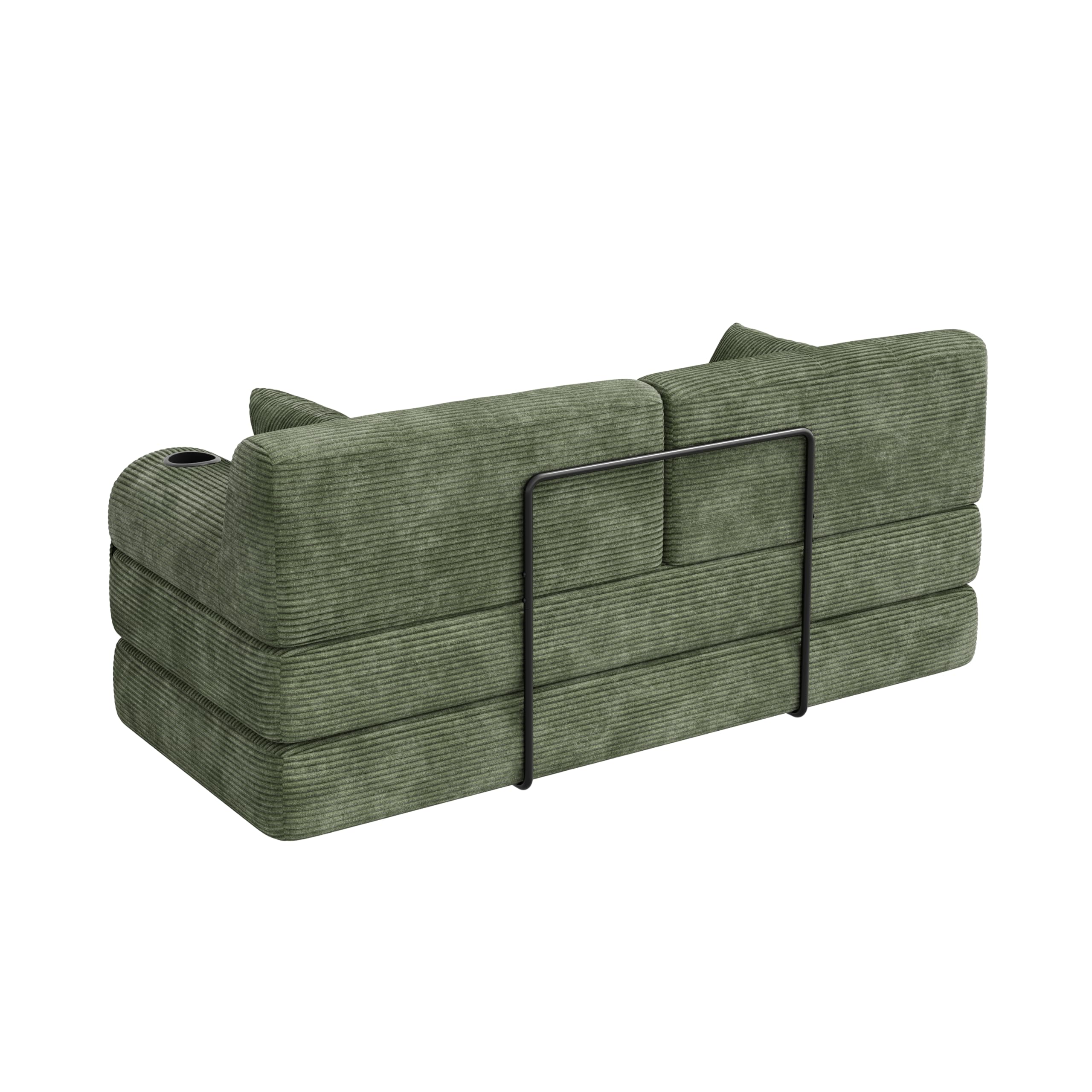 Divano Letto 2 posti con Struttura in Metallo, 2 Portabicchieri e 4 Tasche Laterali, divano Modulare Pieghevole a Compressione, divano Convertibile in Velluto a coste, Sofa Soggiorno, Verde