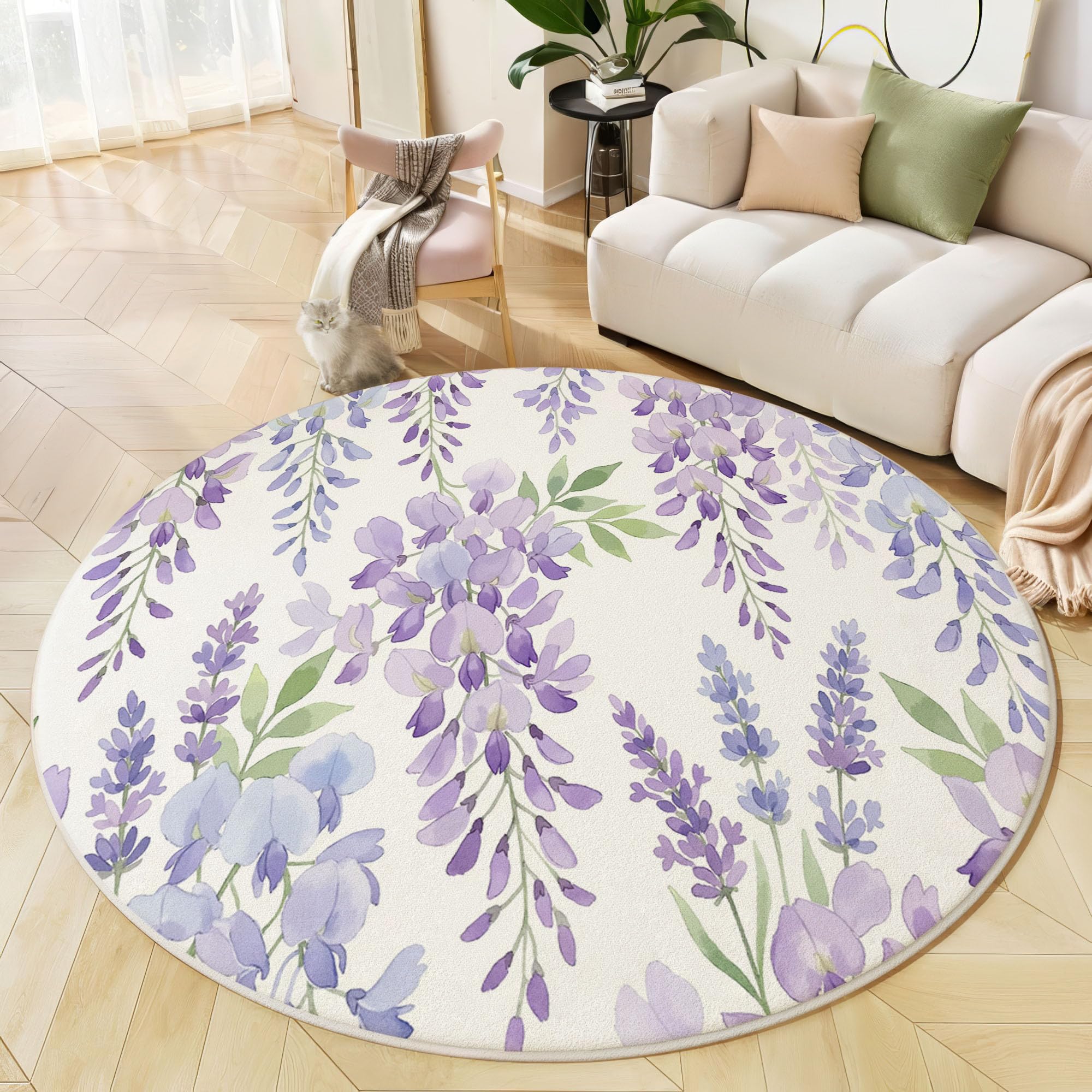 Tapis rond de glycine aquarelle violet 180 cm pour le salon