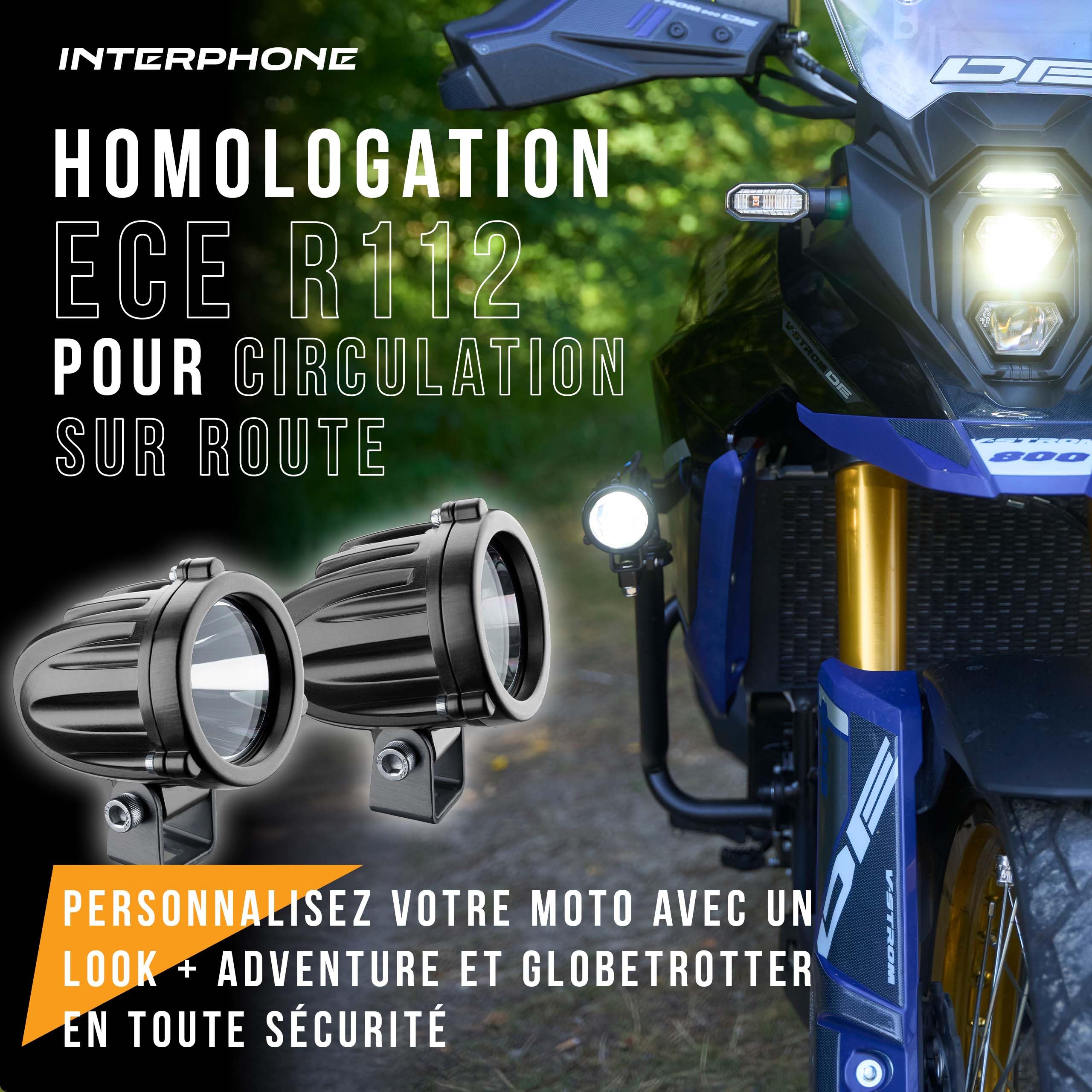 Interphone Par de focos LED para la parte delantera de la moto, kit con dos faros LED con homologación ECE R112, accesorios para moto con 10 W de potencia, 990 lúmenes y haz de luz Spot