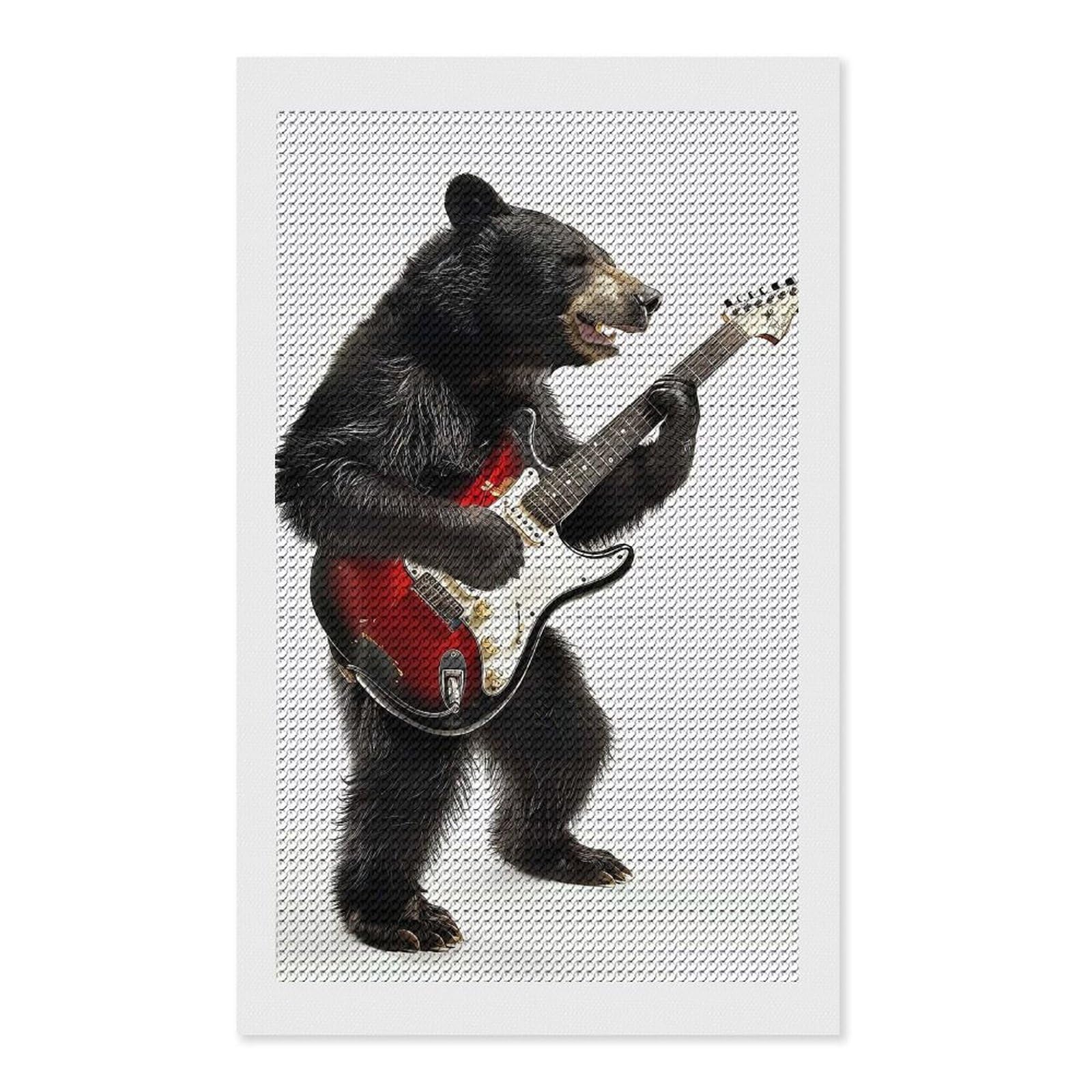 Junmoney Black Bear Guitar Diamond Painting Canvas Kit 12"x20", Round Gems, Living Room Decor, Seasonal Gift Choice, Modern Decor