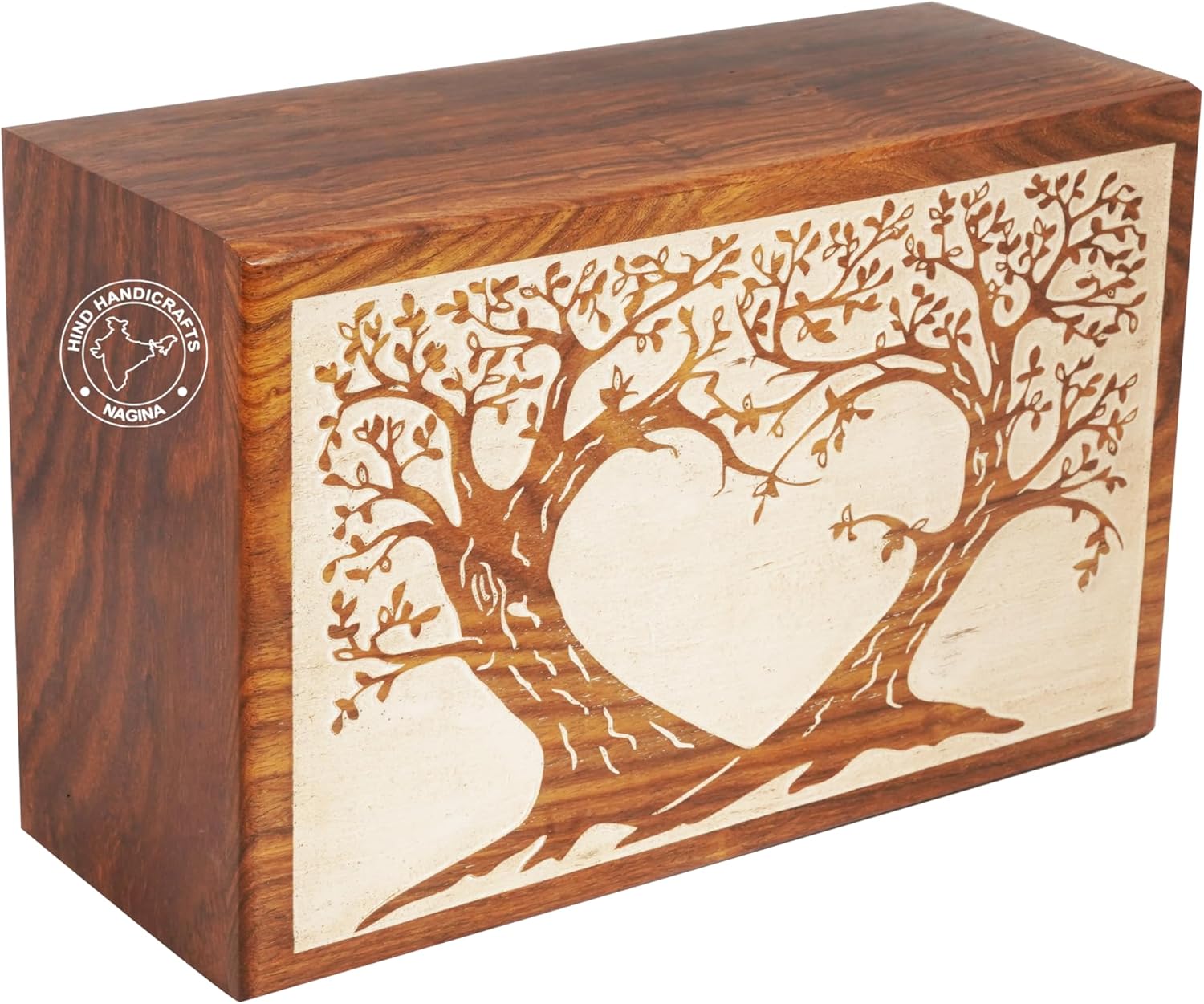 Handcrafted Wooden Cremation Urn for Human Ashes | Tree of Life Memorial Box with Secure Closure | Large 250 Cu in Burial Urn (11” x 7” x 4.5”, 1.3 kg)