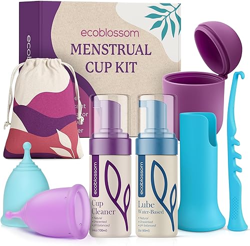 EcoBlossom Kit Completo de Vasos Menstruales - Vasos Reutilizables Pequeños y Grandes, Soporte para Esterilizador de Silicona, Jabón Limpiador,