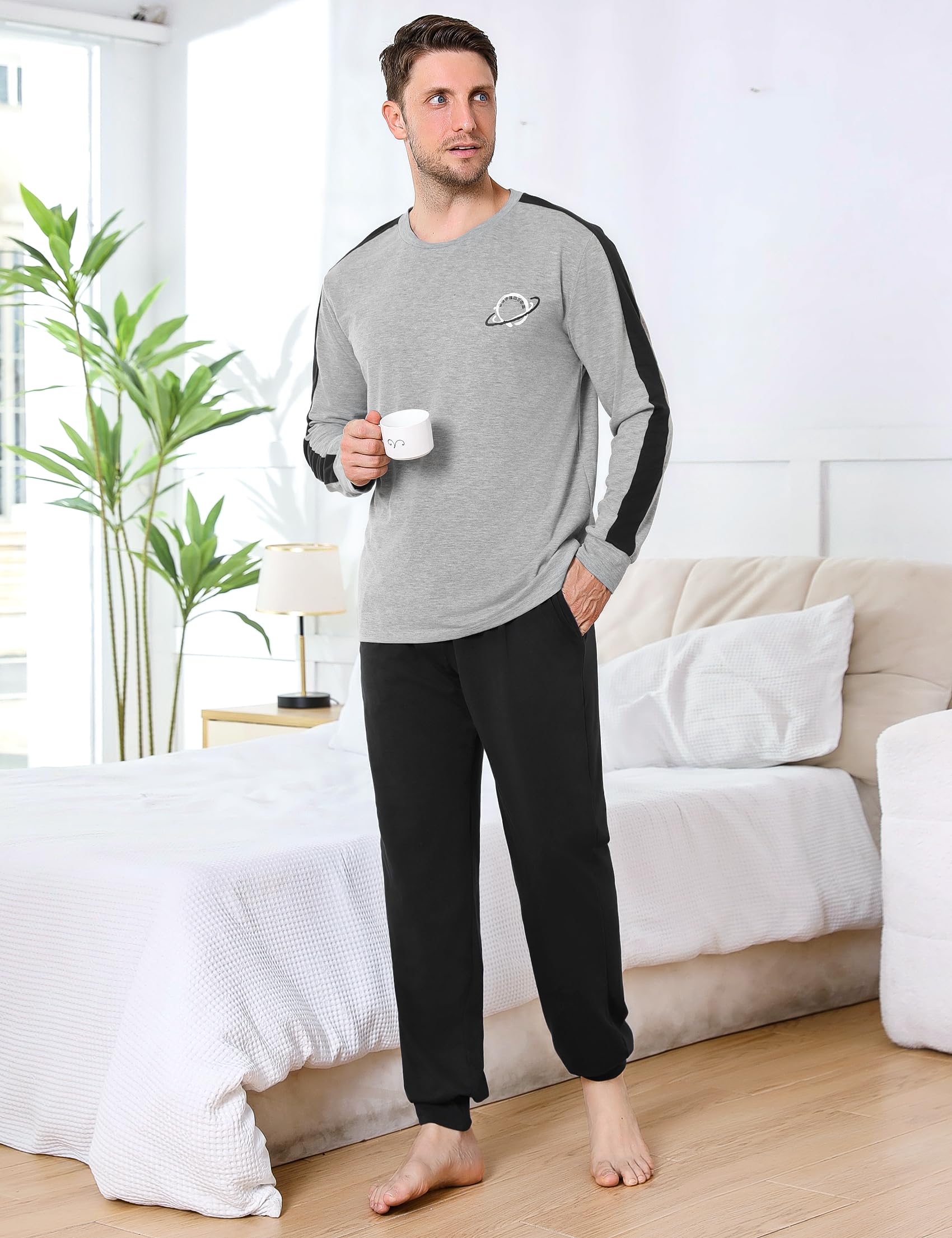 Pigiama Uomo Invernale in Cotone Due Pezzi Maniche Lunghe Leggero | Tessuto Morbido, Pantaloni Lunghi, Vestibilità Comoda, Calore Confortevole, Autunno e Inverno, Tessuto Traspirante