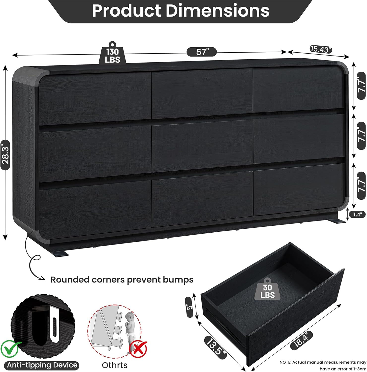 Diagram showing dresser dimensions and anti-tipping device installation.