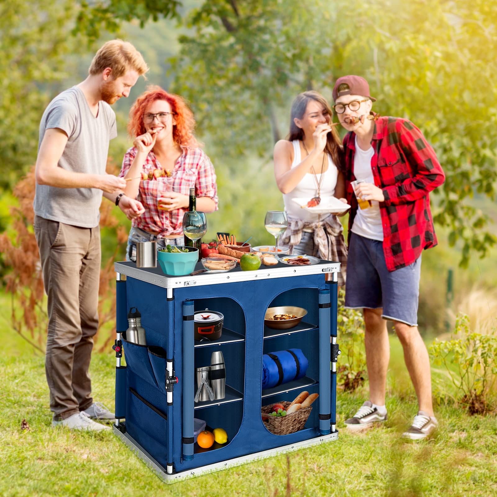 EAGLE PEAK podwójny składany stół kempingowy z organizerem i bocznymi kieszeniami, przenośny stół na camping, grill i piknik, z torbą, niebieski