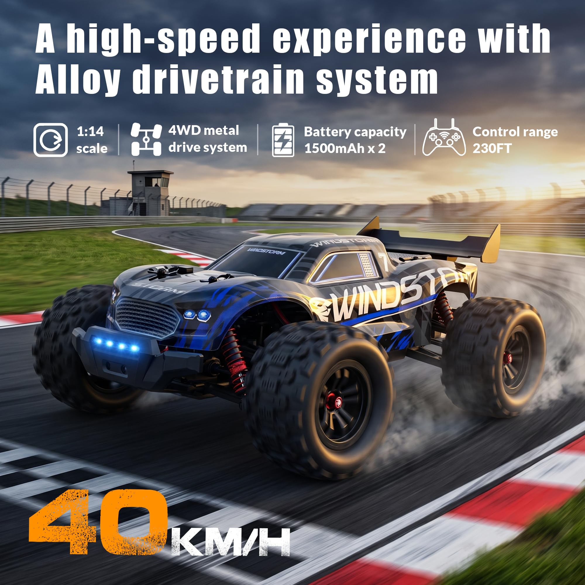 Coche Teledirigido - 1:14 Coche RC Vehículo Todoterreno Velocidad 40 km/h con Sistema de Transmisión Metálico 2,4GHz 4WD Coche 2 x 1500 mAh BateríAs Recargables dos juegos de ruedas NiñOs Y Adultos