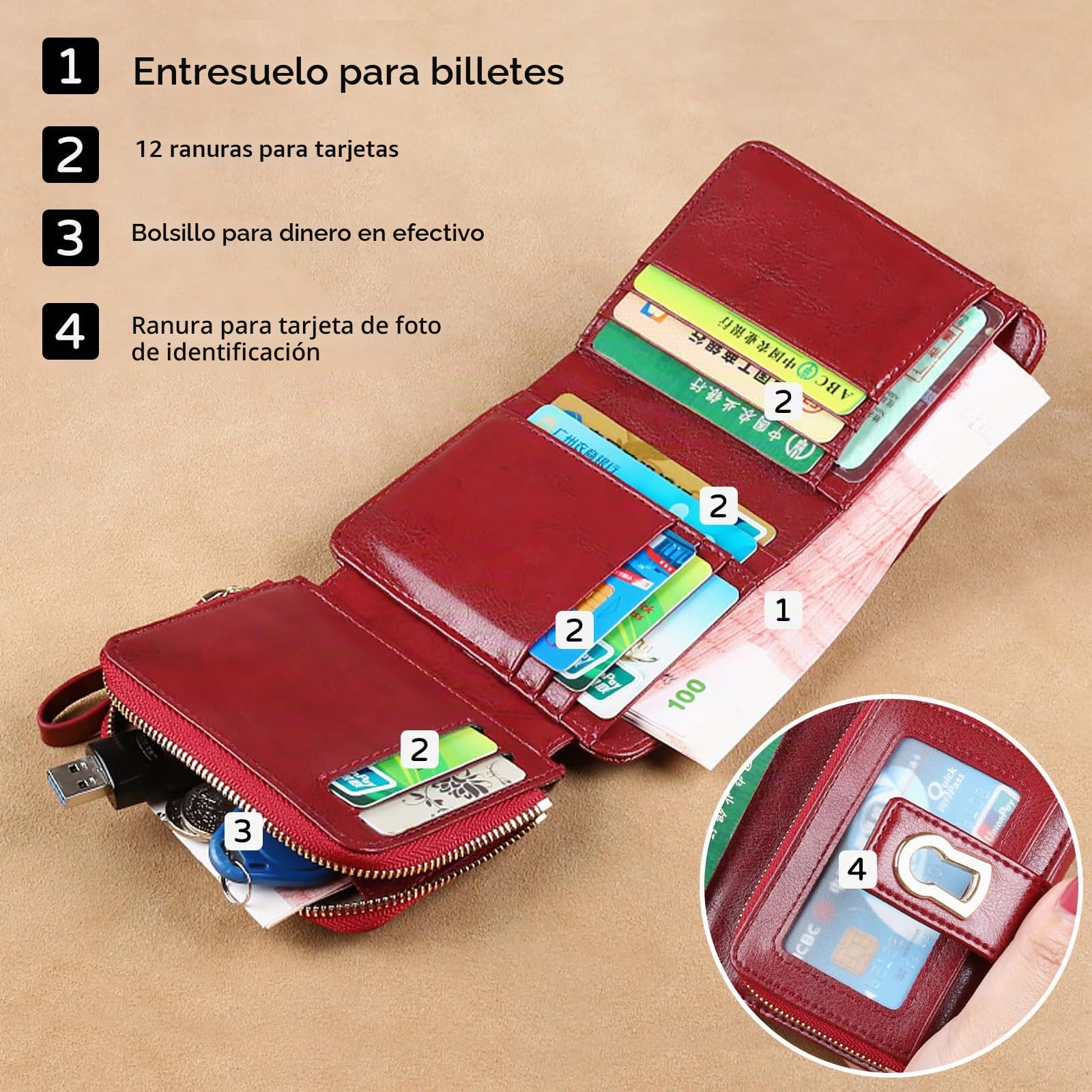 Cartera de Mujer Moda Monedero RFID Bloqueo Tarjetero para Tarjetas Piel Auténtica Billetero con 11 Ranuras para Tarjetas Wallet Rojo