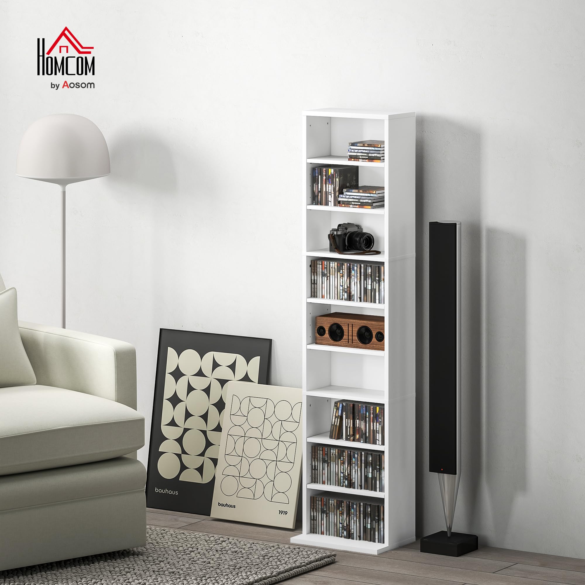 HOMCOM CD- und DVD-Aufbewahrung, Multimedia-Aufbewahrungsmöbel, max. Kapazität 260 CDs/120 DVDs, 9 Fächer und 6 verstellbare Regale, für Wohnzimmer, Schlafzimmer, Büro, 33 x 24 x 140 cm, weiß