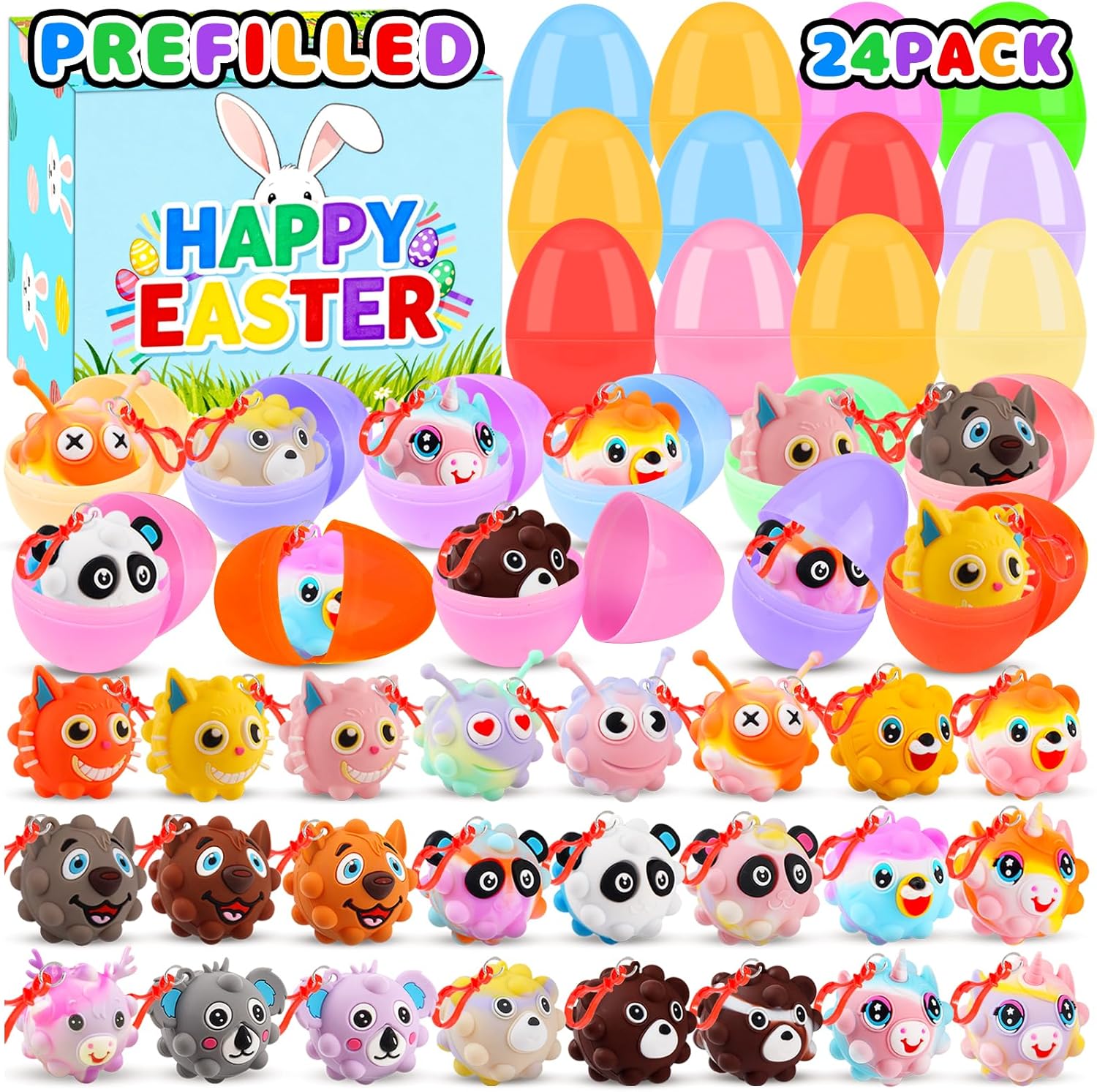 KissFuture 24 Pack Prefilled Easter Eggs with 3D Animal Pop Balls Toys, Easter Eggs Filled for Egg Hunt ,Easter Baskets Stuffers, Easter Gifts for Kids, Easter Classroom Prizes