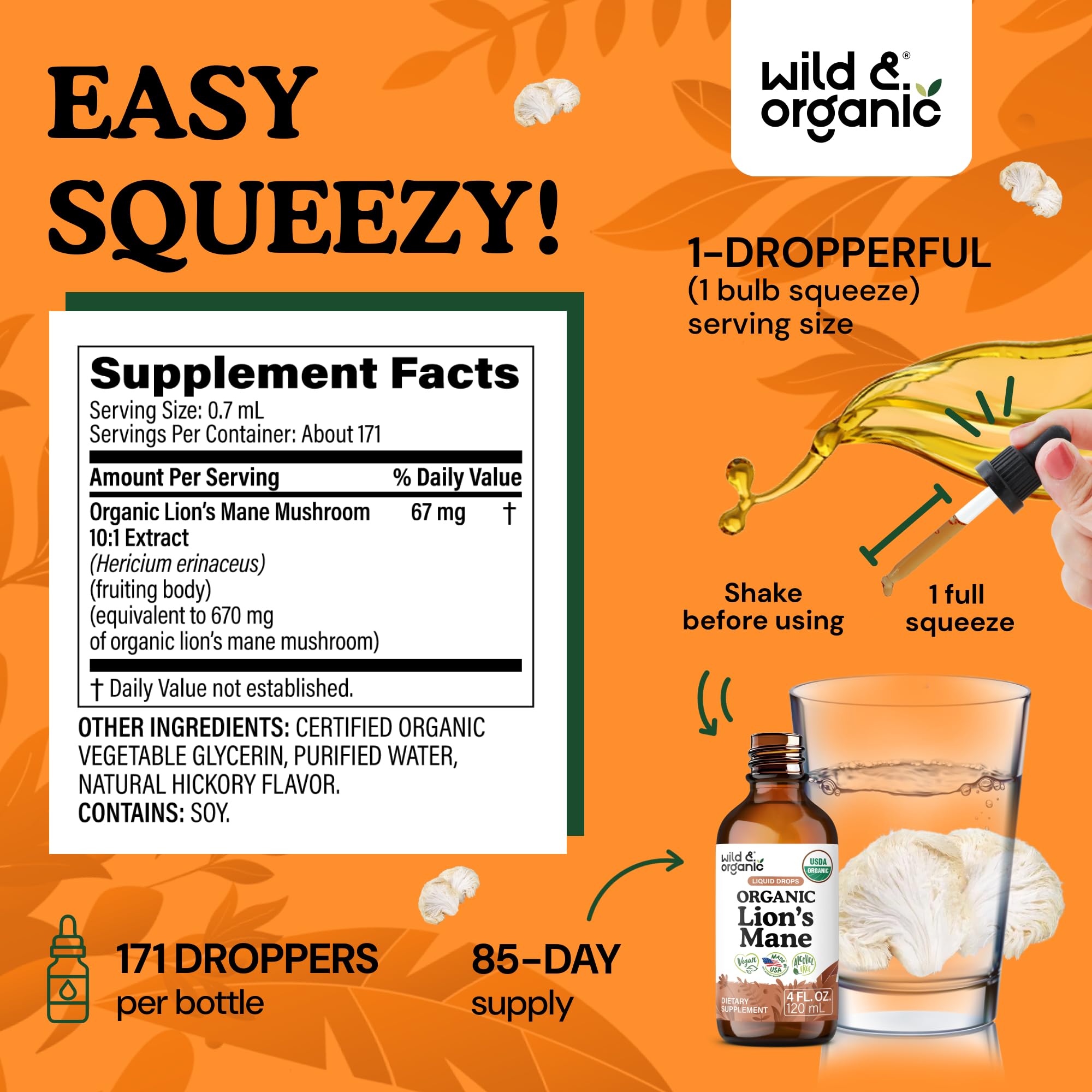 USDA Organic Lions Mane Liquid Drops - Brain & Focus Support - 4 fl oz — Amazon image 3