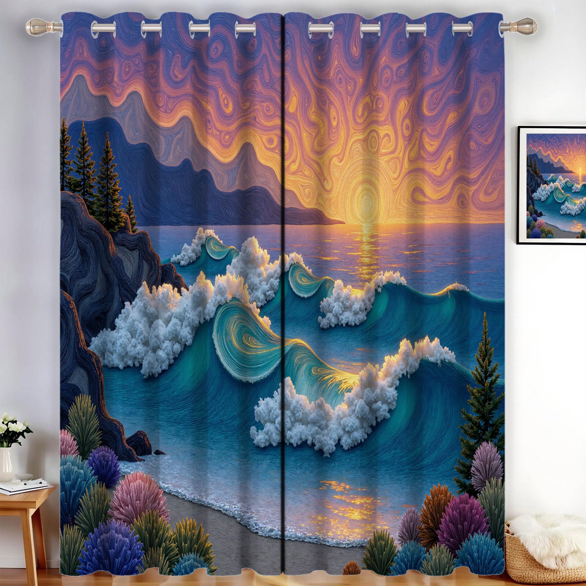 Rideau occultant vagues côtières lot de 2 draperies isolant thermique 140x175 cm