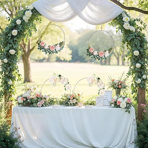 Miniatura 9 de OurWarm 24 piezas de decoración de mesa de aro floral de metal de 12 pulgadas, centros de mesa de boda plateados para mesas con base acrílica,