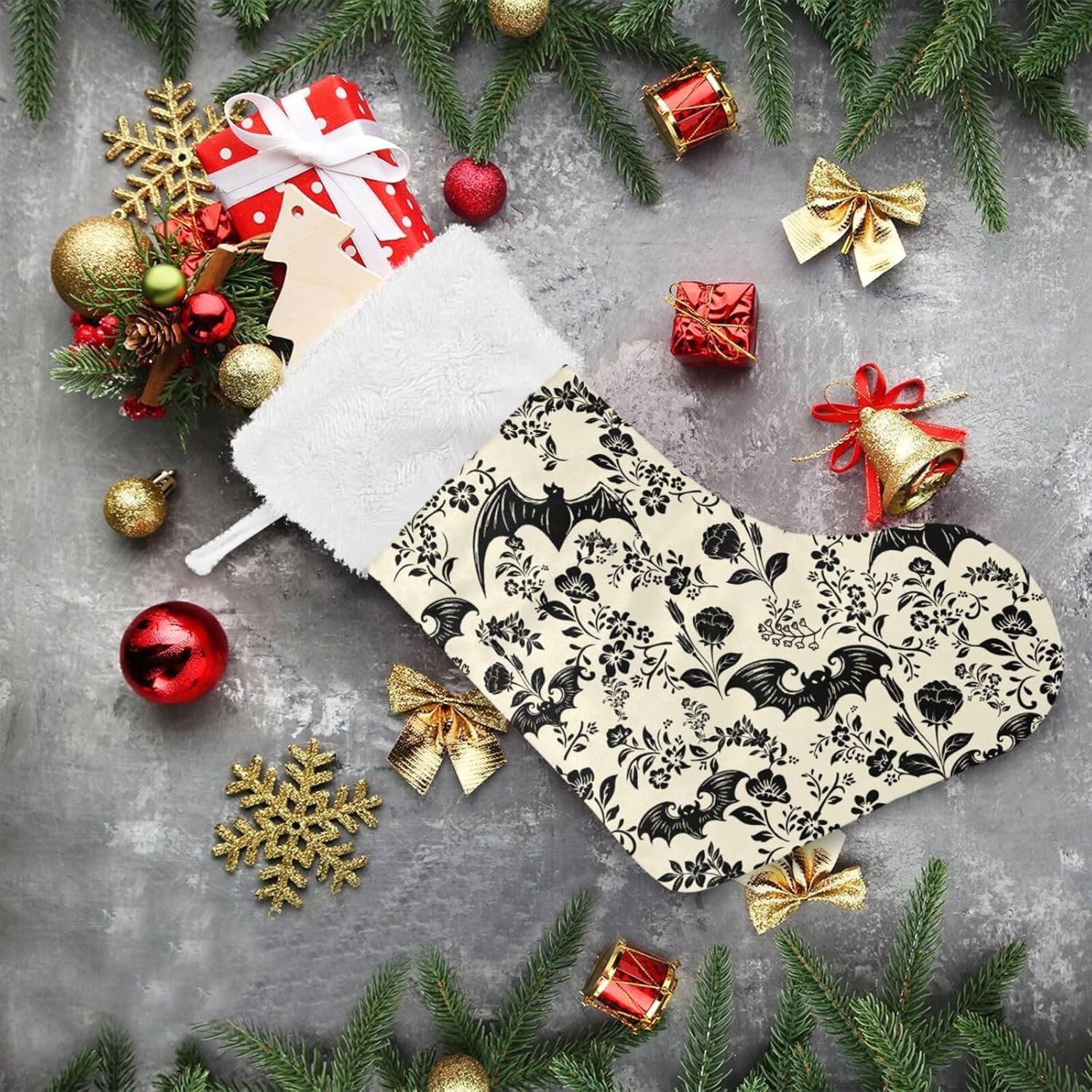 Mint Green Bat Silhouette Christmas Stocking with Plush Cuff