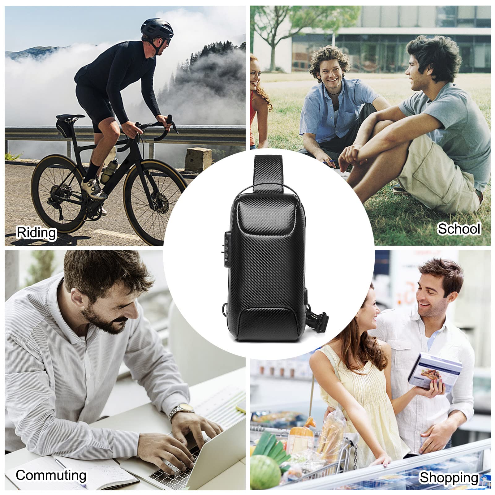 FANDARE Antifurto Zaino Monospalla Uomo Borse piccole a tracolla con USB Business Borsa a Spalla Impermeabile Stile auto sportive per Scuola Outdoor Ciclismo Viaggio Multitasche Piccolo Zaino Nero A