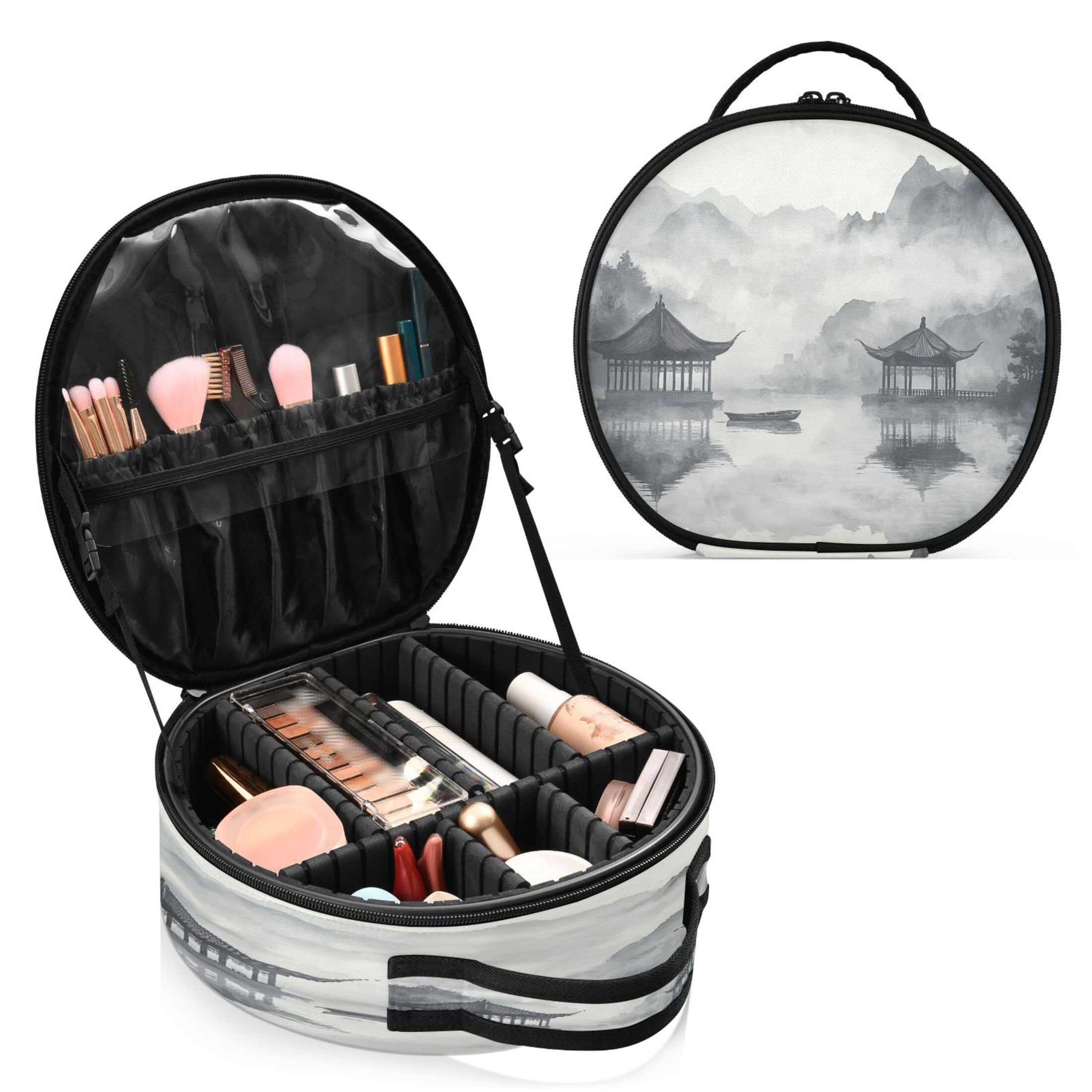 Takiito Chinese Ink Painting Landscape Travel Makeup Case Portable Makeup Box Artist Cosmetic Case Organizer With Adjustable Dividers
