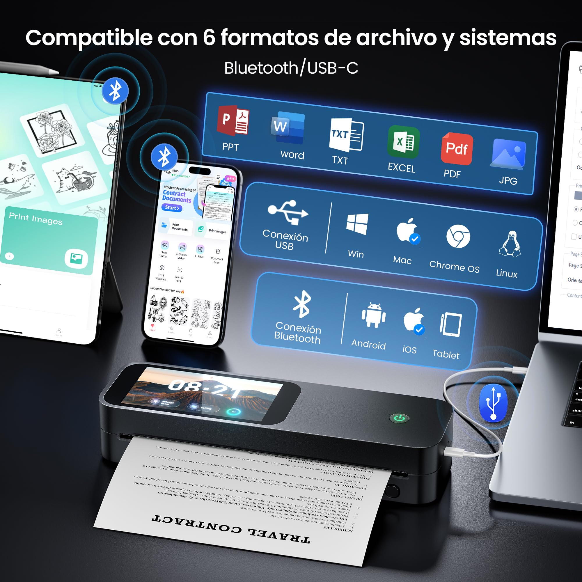 Phomemo Impresoras Termica A4 Kit, Pantalla Grande Reconocimiento de Papel | con Maletín de Transporte y 4 Rollos de Papel Térmico Impresoras de 300 dpi Compatible con iOS y Android, Teléfono y Portátil