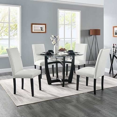 Miniatura 6 de MODERION Parsons - Juego de 2 sillas de comedor con ribete de cabezas de clavo, asiento tapizado de cocina de piel sintética, patas de madera, 39 x