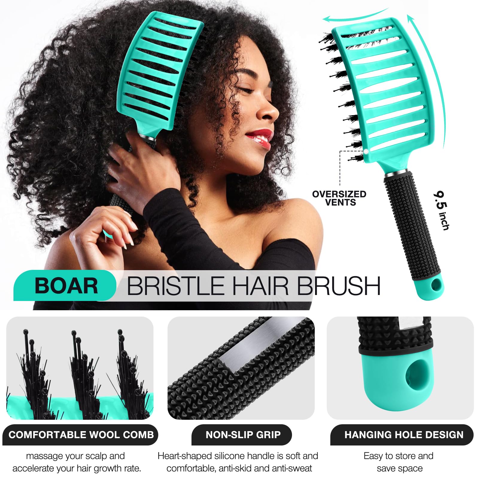 Haarbürsten-Set, Wildschweinborsten, Haarbürste und Entwirrungsbürste für nasses, trockenes, lockiges, dickes, dünnes, gewelltes, glattes Haar, machen Sie Ihr Haar gesund und glatt, Grün, 2 Stück