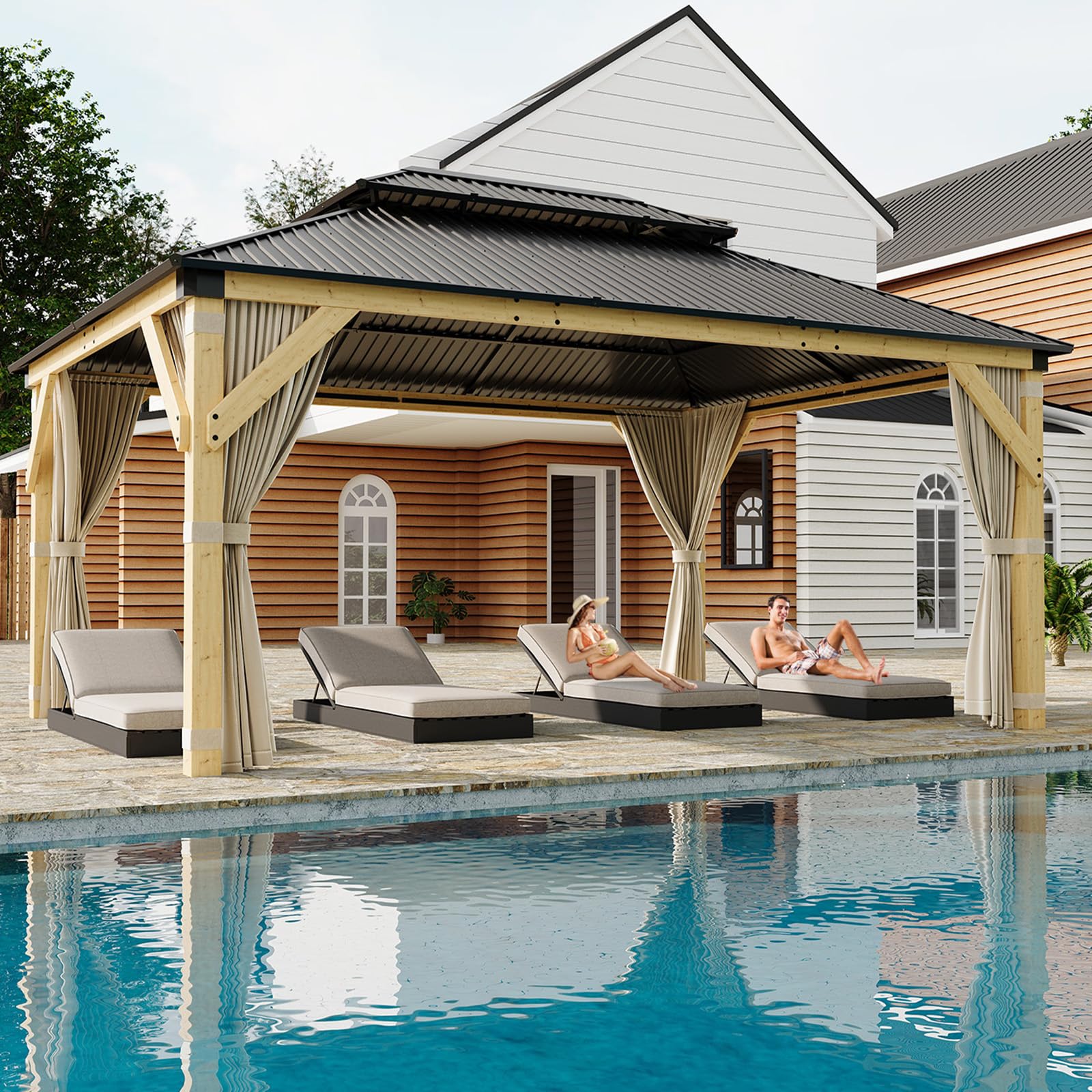 12x16 ft Hardtop Gazebo with Nettings and Curtains, Heavy Duty Wood Grain Double Roof Galvanized Steel Outdoor Gazebo Canopy Combined of Vertical