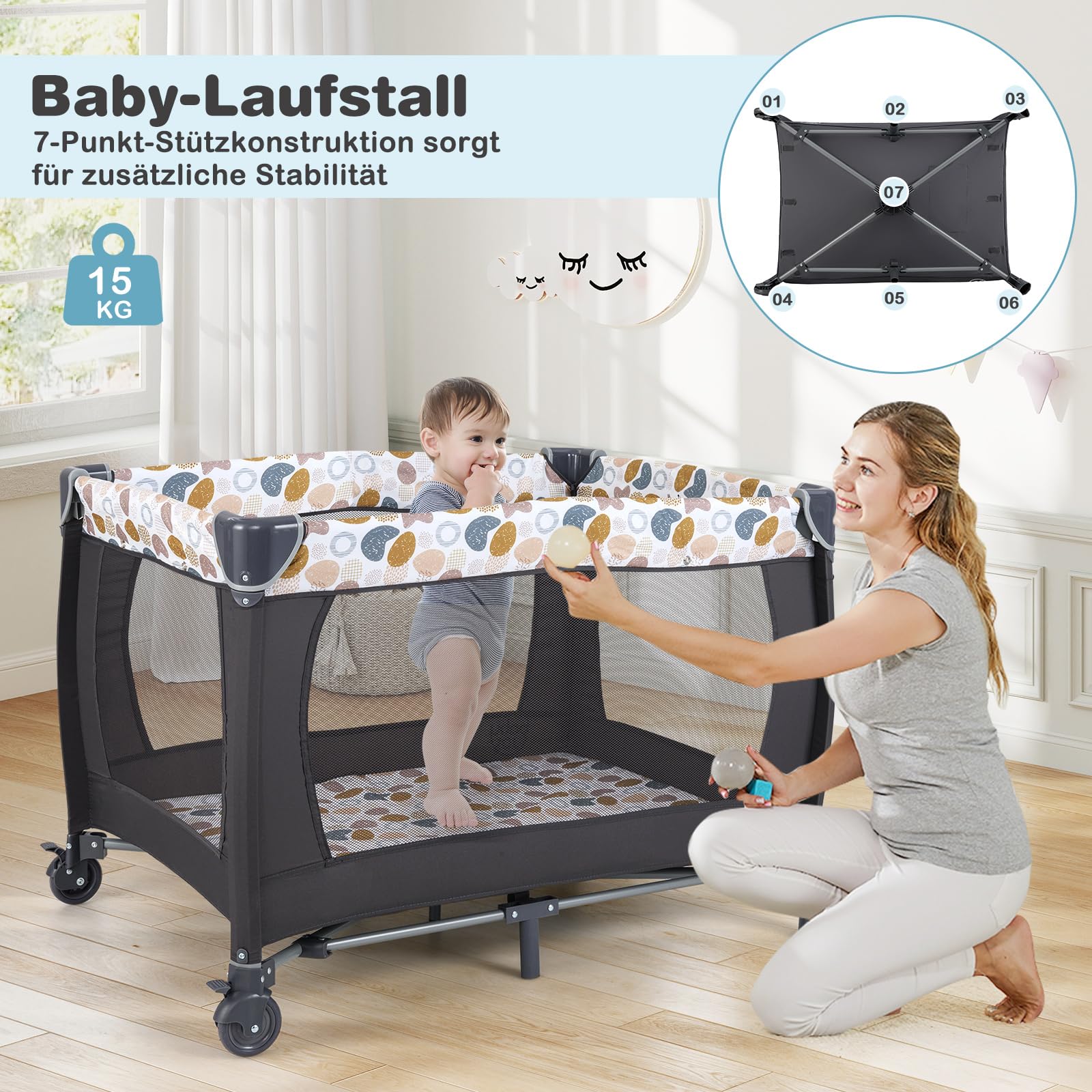 COSTWAY 5 in 1 Beistellbett Baby, Reisebett mit Matratze, Kinderreisebett inkl. Wickelauflage, Babywiege & Spieluhr, Stubenwagen mit Rollen, Babybett für Baby bis 36 Monaten (Blau Punkt)