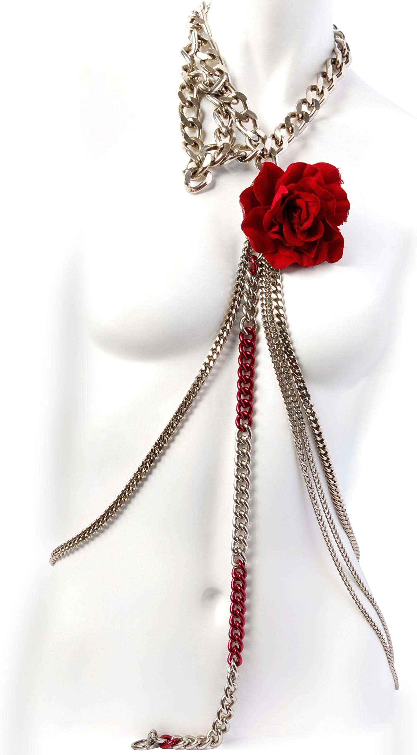 Handmade Chain Harness, Body Necklace, Slave BDSM Body Jewellery, Red Flower, Romantic Industrial, Glam Punk, Indie, Timeless, Party, Gift by FINERBLACK