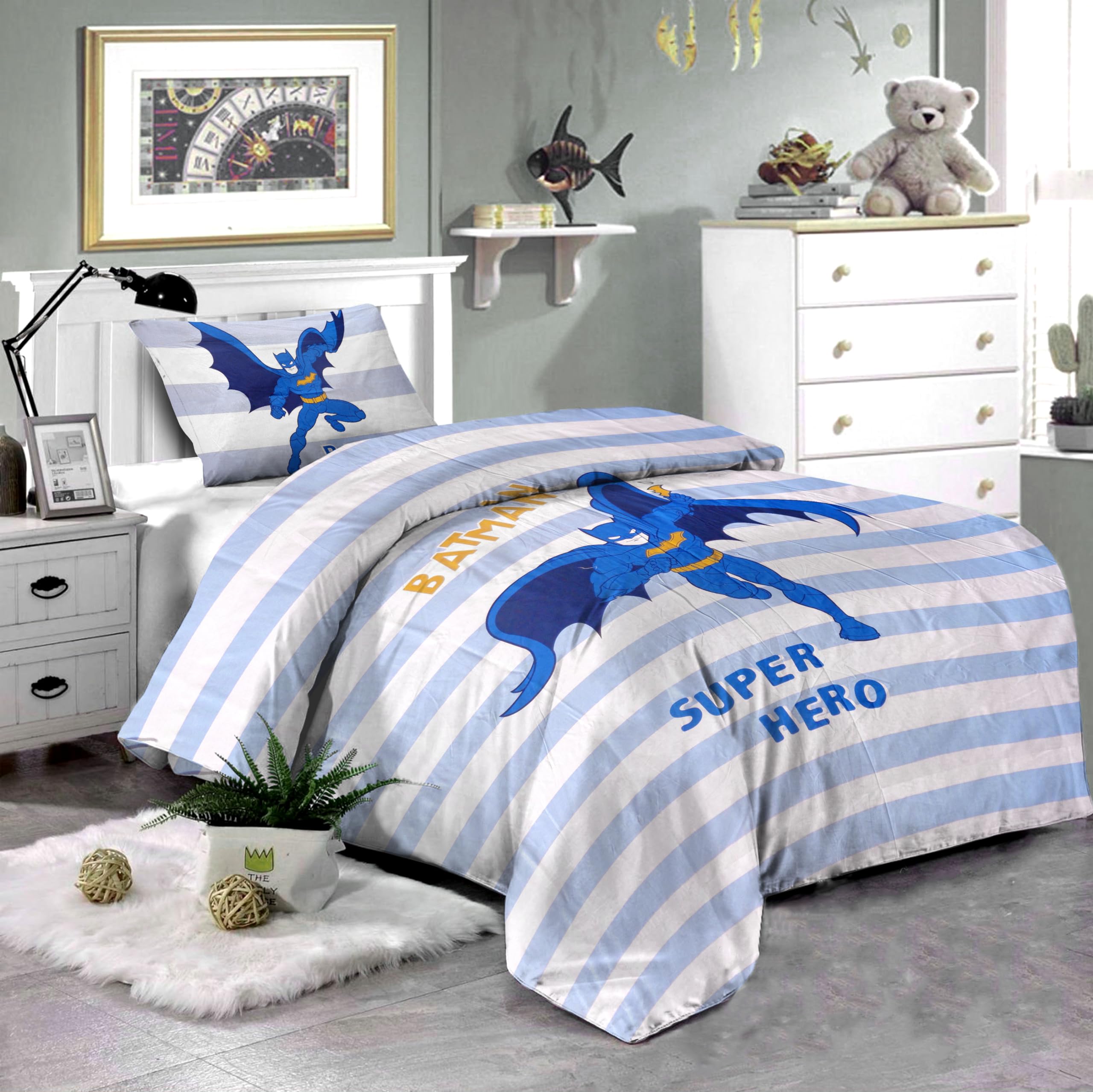 Cotton Bed sheet for Kids - Cartoon Printed Bed Cover, Cozy and colorful bedsheet for Single Size Junior's Bed - Junior Size Bedsheet with Pillow Cover - Batman print - (145x225 CM)