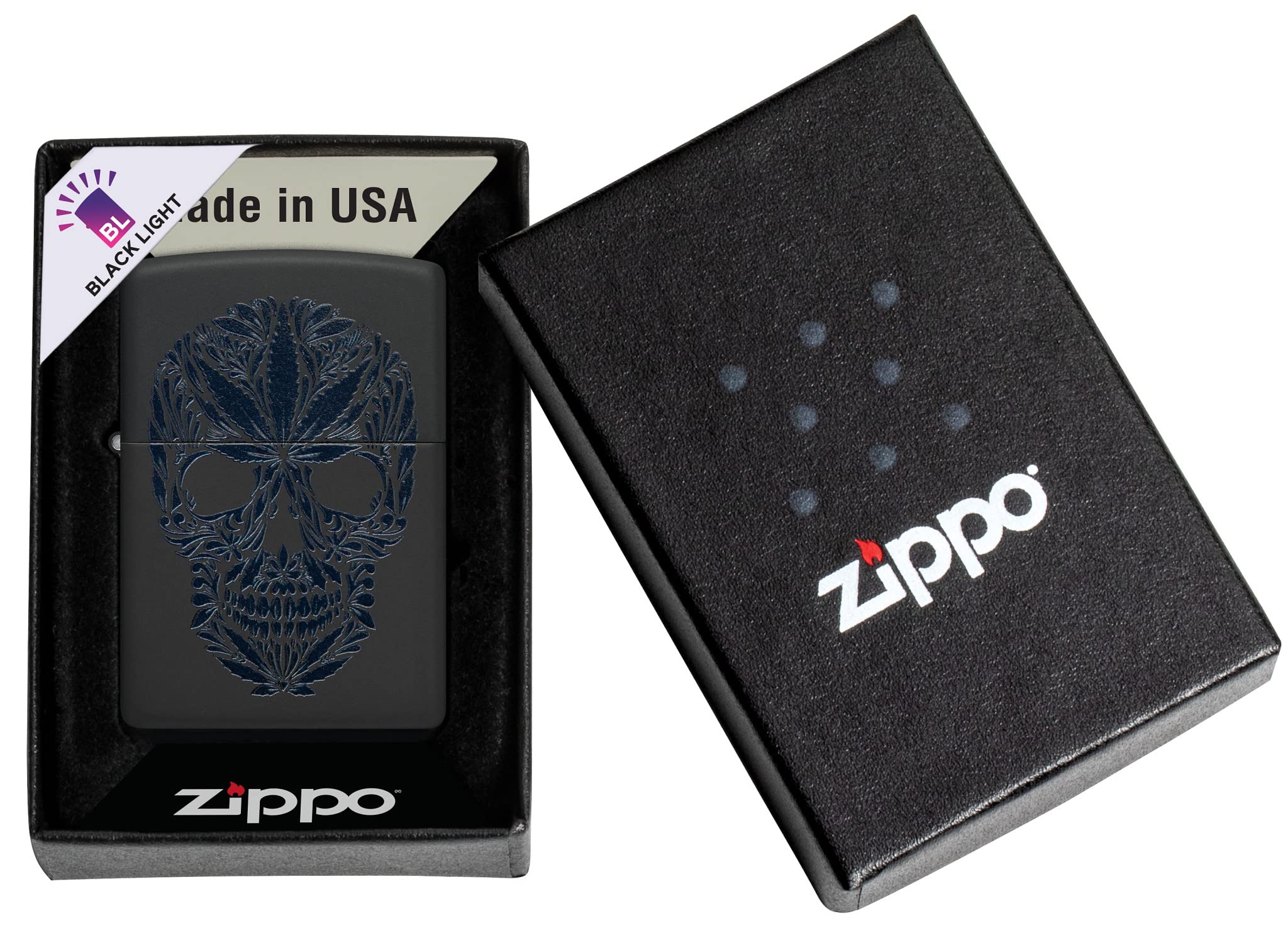 Zippo Sturmfeuerzeug - Modell Cannabis Skull - Black Matte Finish mit Black Light Effekt - Nachfüllbar - Wiederverwendbar - Windfestes Design - Made in USA