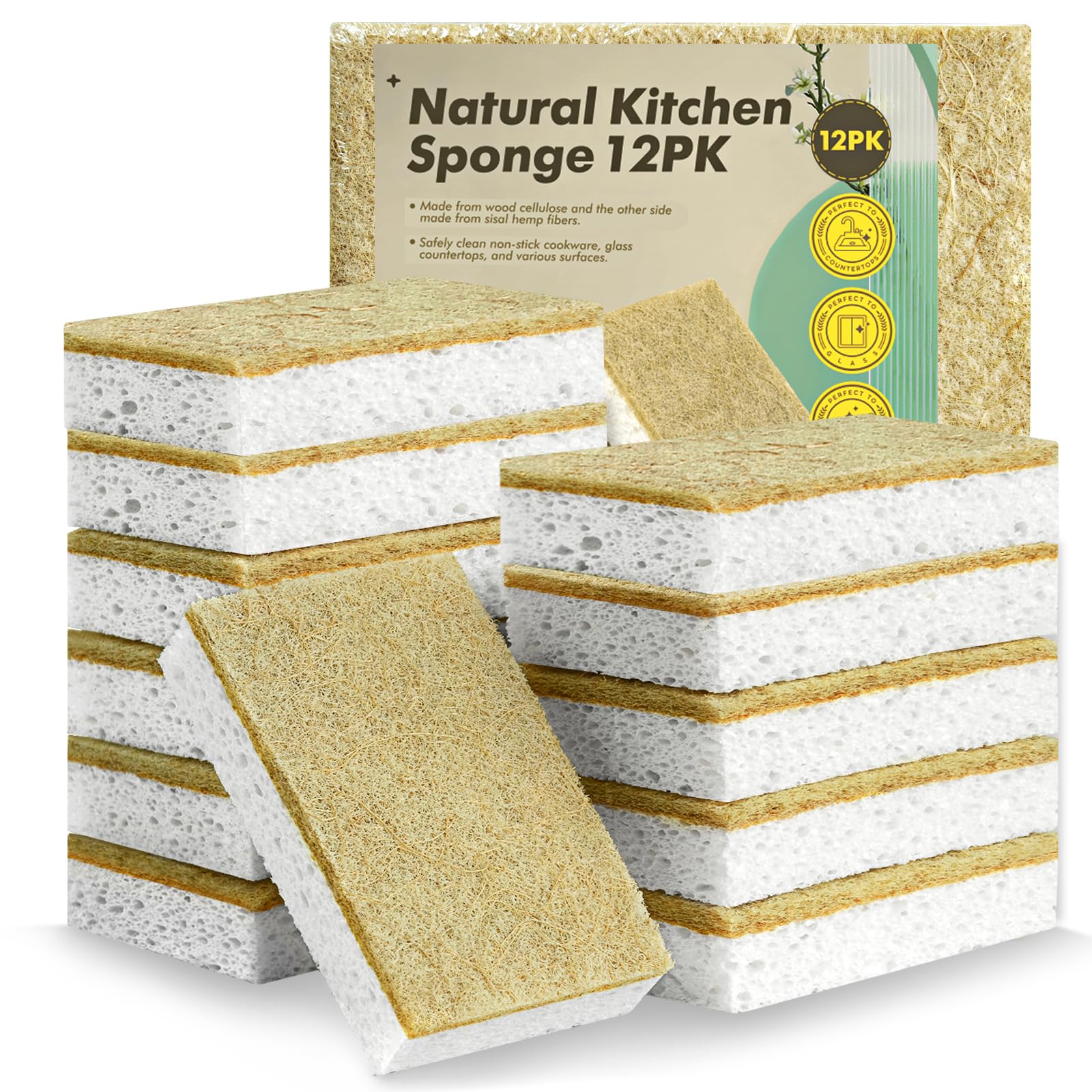 Powomao White And Yellow Washing Up Sponges 12 Pack - Natural Cellulose & Sisal Non Scratch Heavy Duty Kitchen Dish Sponges, Biodegradable Compostable Cleaning Sponge Scourers For Household, Kitchen Cookware