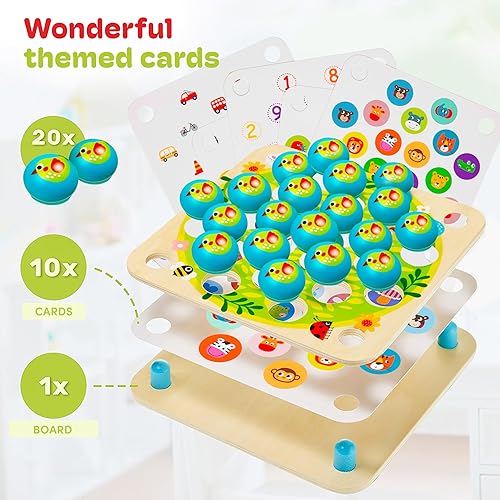 Miniatura 3 de CUBIDI - Juego de memoria de pájaros - Juego de madera a juego para niños de 3, 4, 5 años - Tablero familiar con 10 patrones divertidos - Juguete