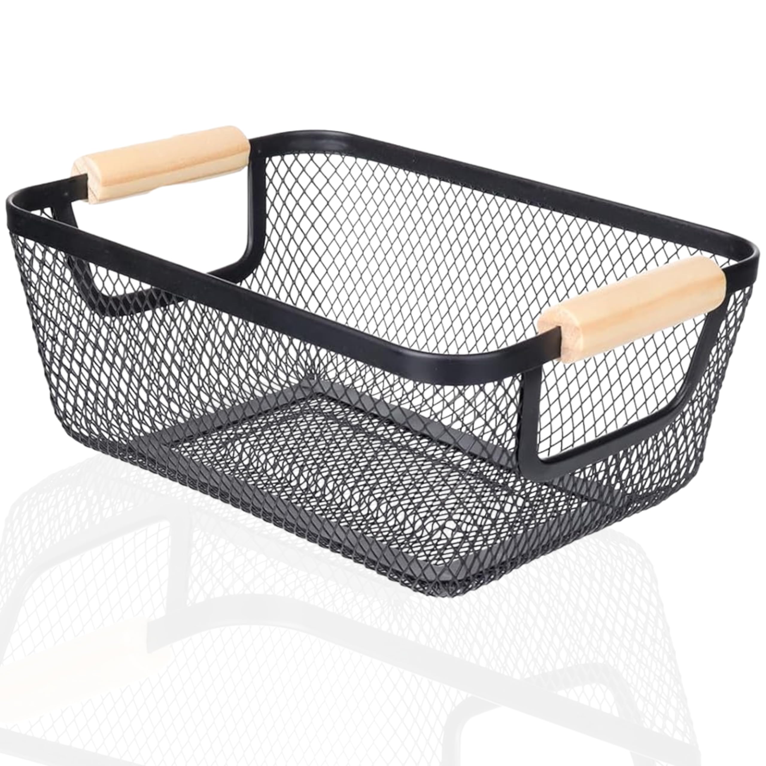 Organizer for the pantry in the kitchen - Wire baskets for shelves | organizers and storage wire basket | Made of metal mesh | Metallic line | Cable | Wood Handle