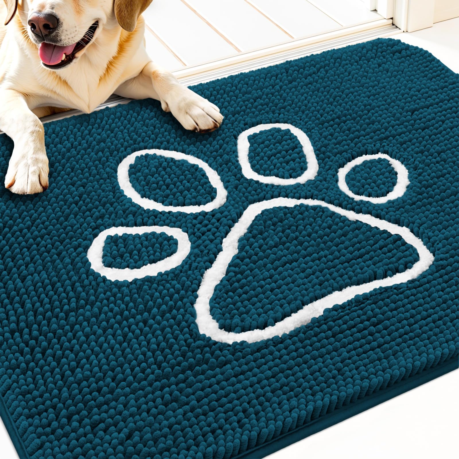 OLANLY Dog Door Mat for Muddy Paws 32x20, Paw Print Design Chenille Mud Mat