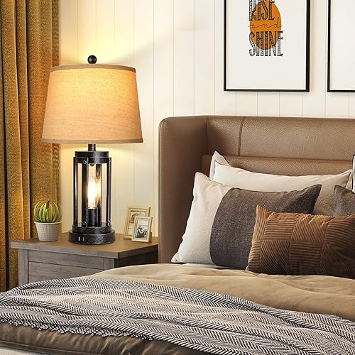 Miniatura 8 de Juego de 2 lámparas de mesa con puertos USB, lámparas táctiles de granja regulables de 3 vías, lámpara de noche para dormitorio con salida de CA,