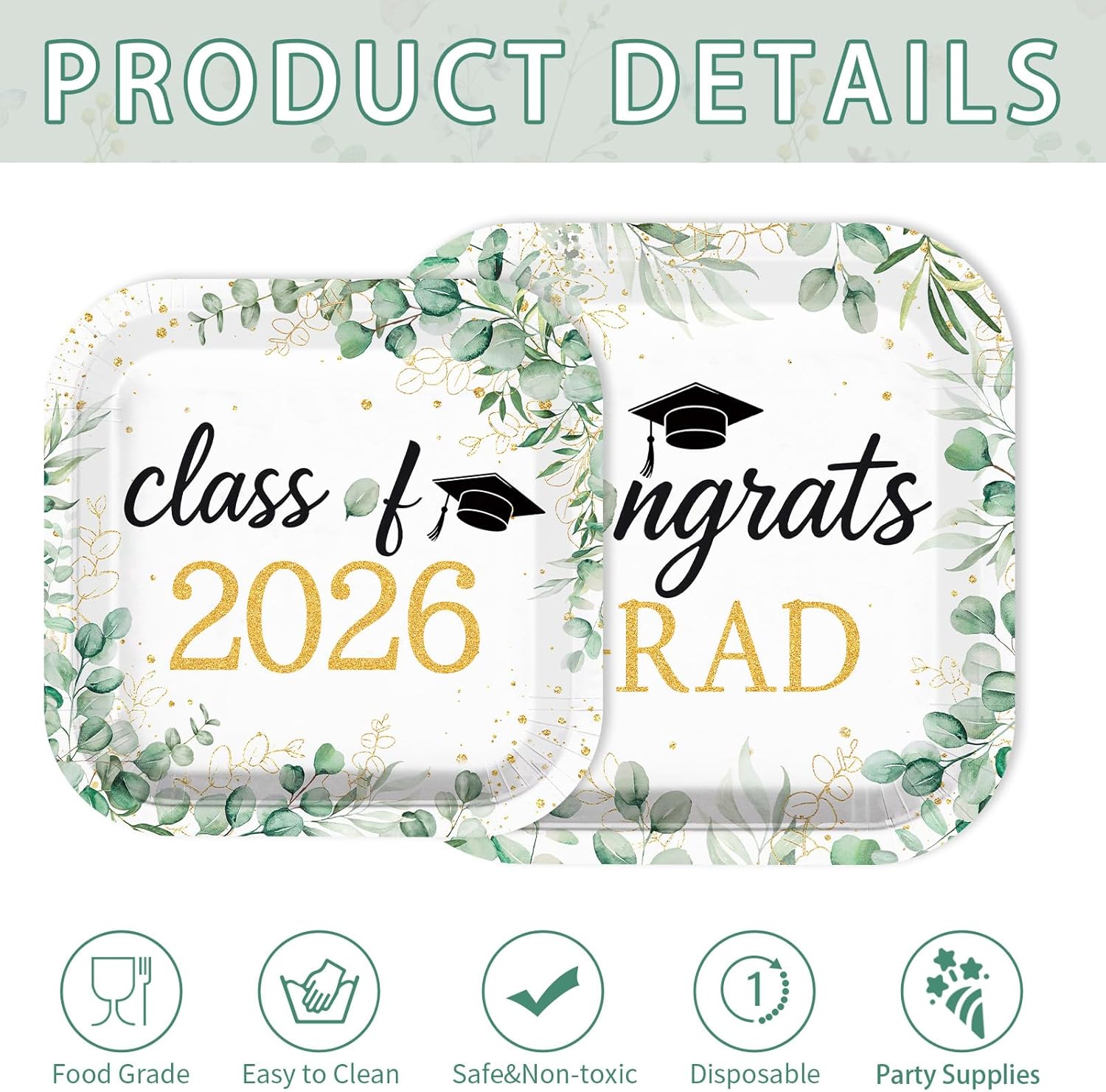 200Pcs Graduation Party Decorations Eucalyptus Grad Plates and Napkins Greenery Leaves Graduation Tableware Sets for Class of 2026 Grad College High School Party Supplies Serves 50