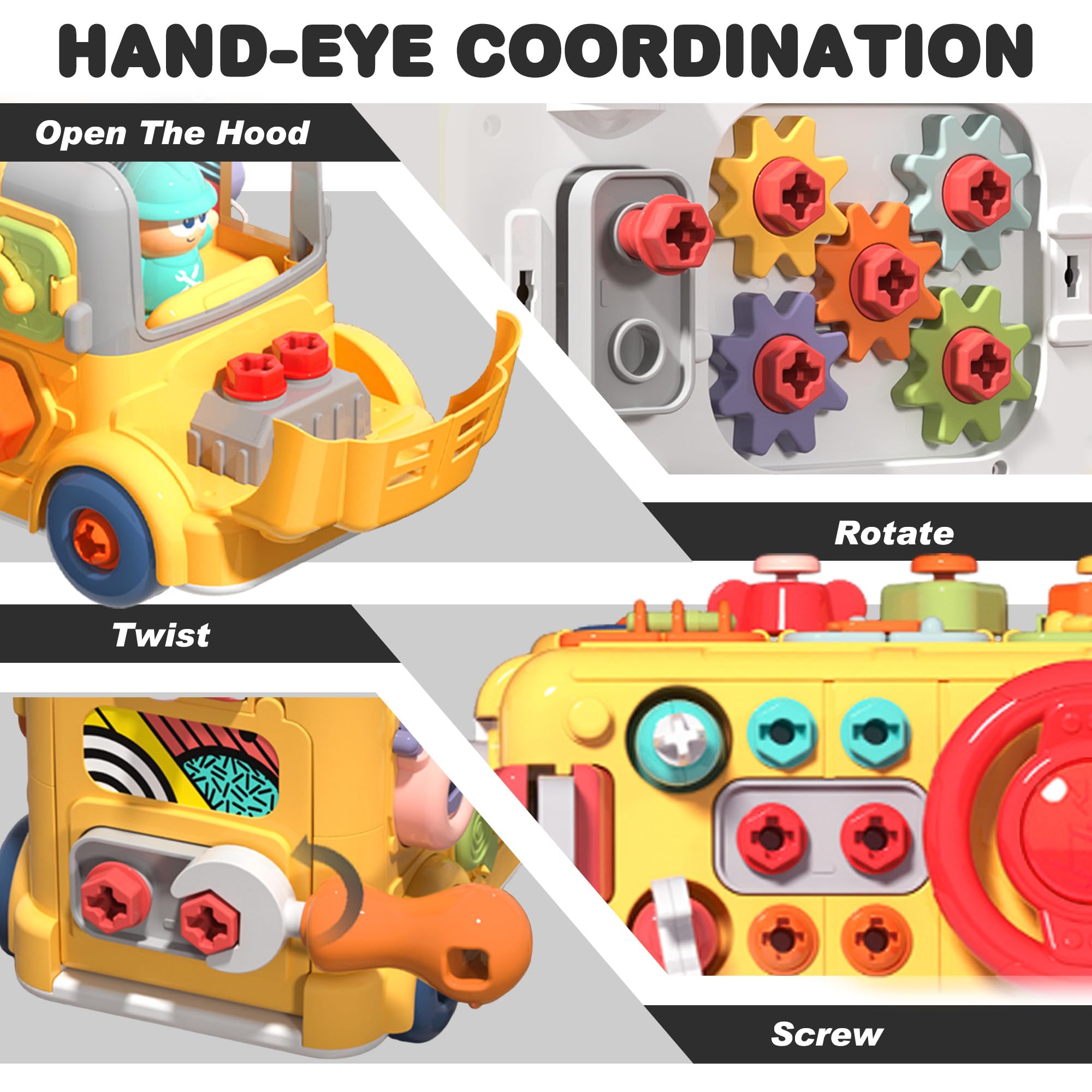 Juguete de autobús ocupado para niños pequeños, autobús escolar con herramientas, volante y engranajes, camión Push Go Assemble, juguete Montessori de aprendizaje STEM de motor fino 3