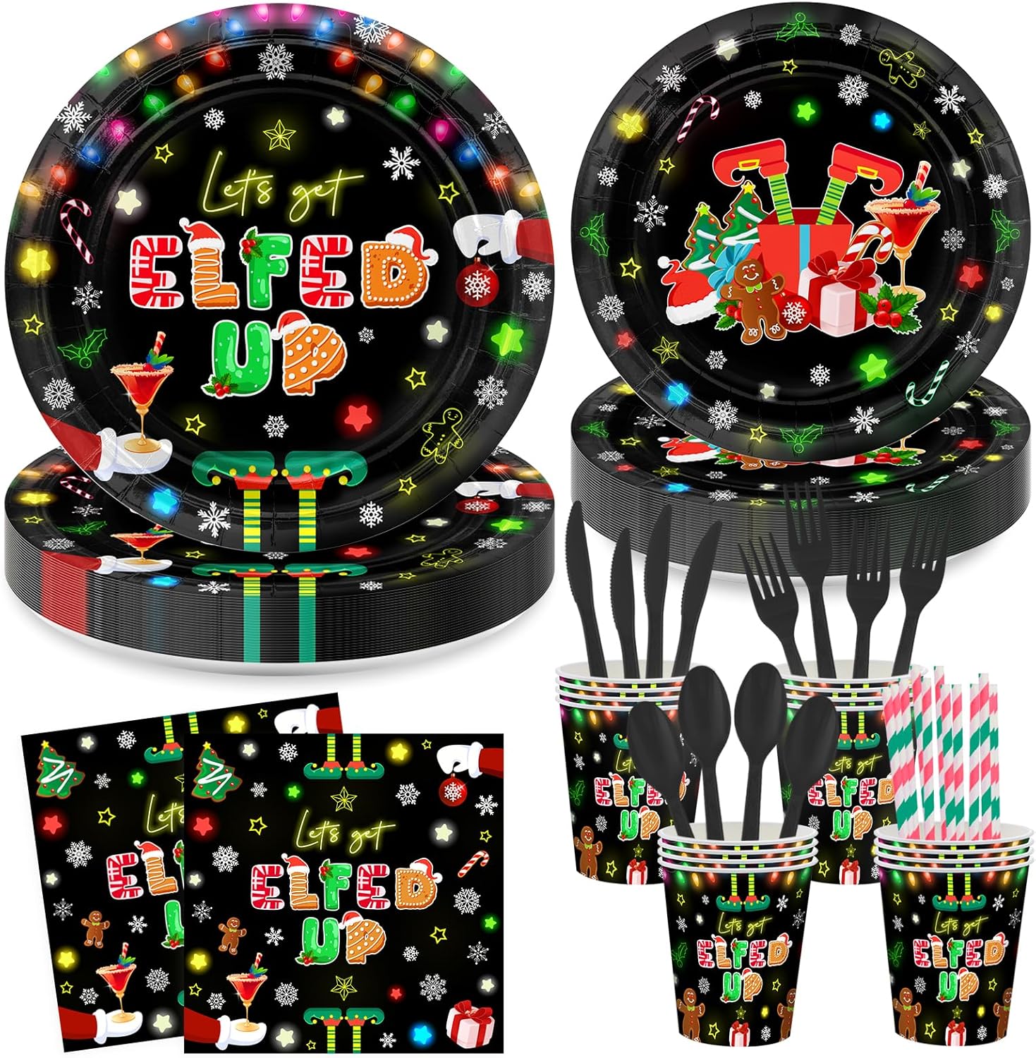 Avezano 192 Pcs Christmas Paper Plates and Napkins Let's Get Elfed Up Party Decorations Christmas Disposable Tableware for 24 Guests